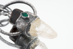 Brown Gem Tourmaline, Faceted Emerald & Lumerian Optical Laser Quartz - Textured Oxidised Sterling Silver - Crystal Pendant Neckpiece NO.10