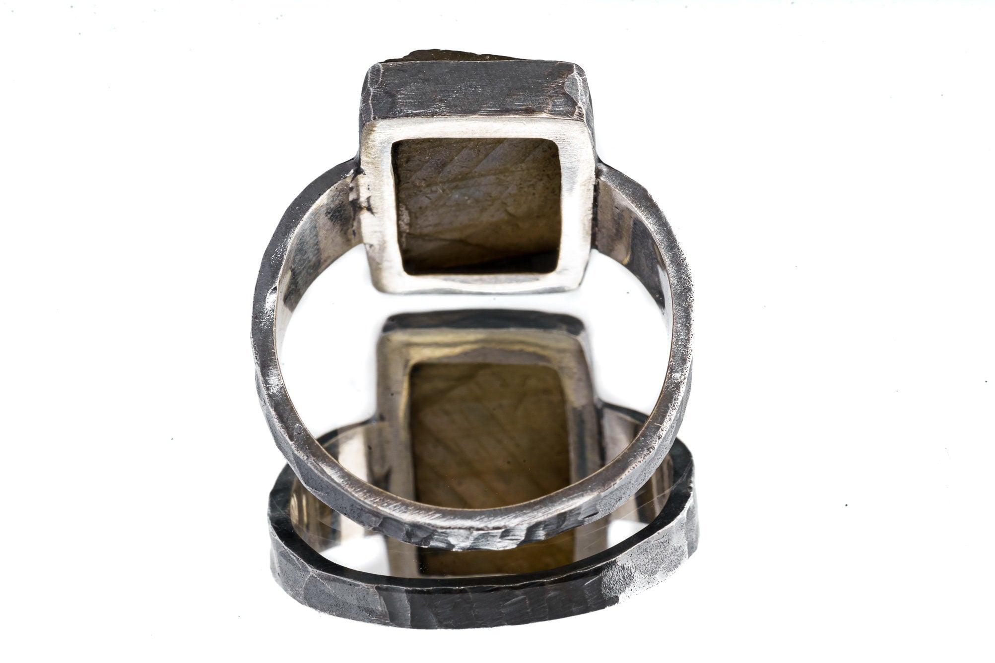 Freeform Raw Labradorite - Unisex / Men - Large Crystal Ring - Size 14 US - 925 Sterling Silver - Hammer Textured & Oxidised