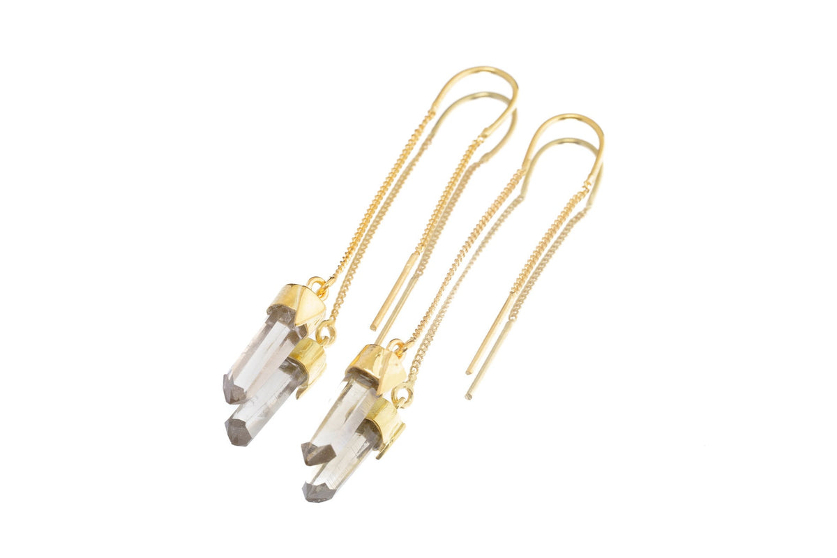 Himalayan Quartz Point Pair - Gold Plated Sterling Silver - Dangle Thread Hook Earring
