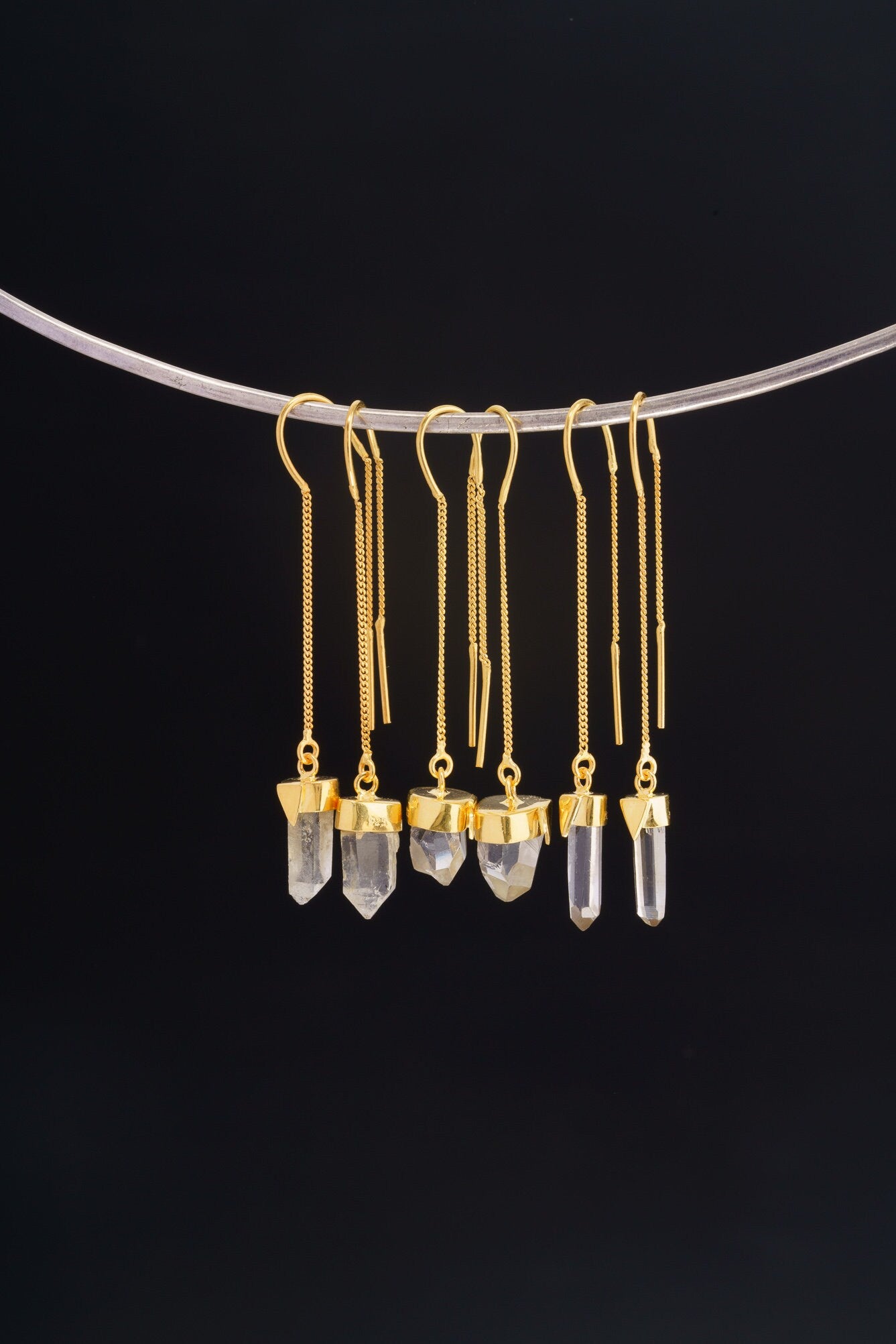 Himalayan Quartz Point Pair - Gold Plated Sterling Silver - Dangle Thread Hook Earring