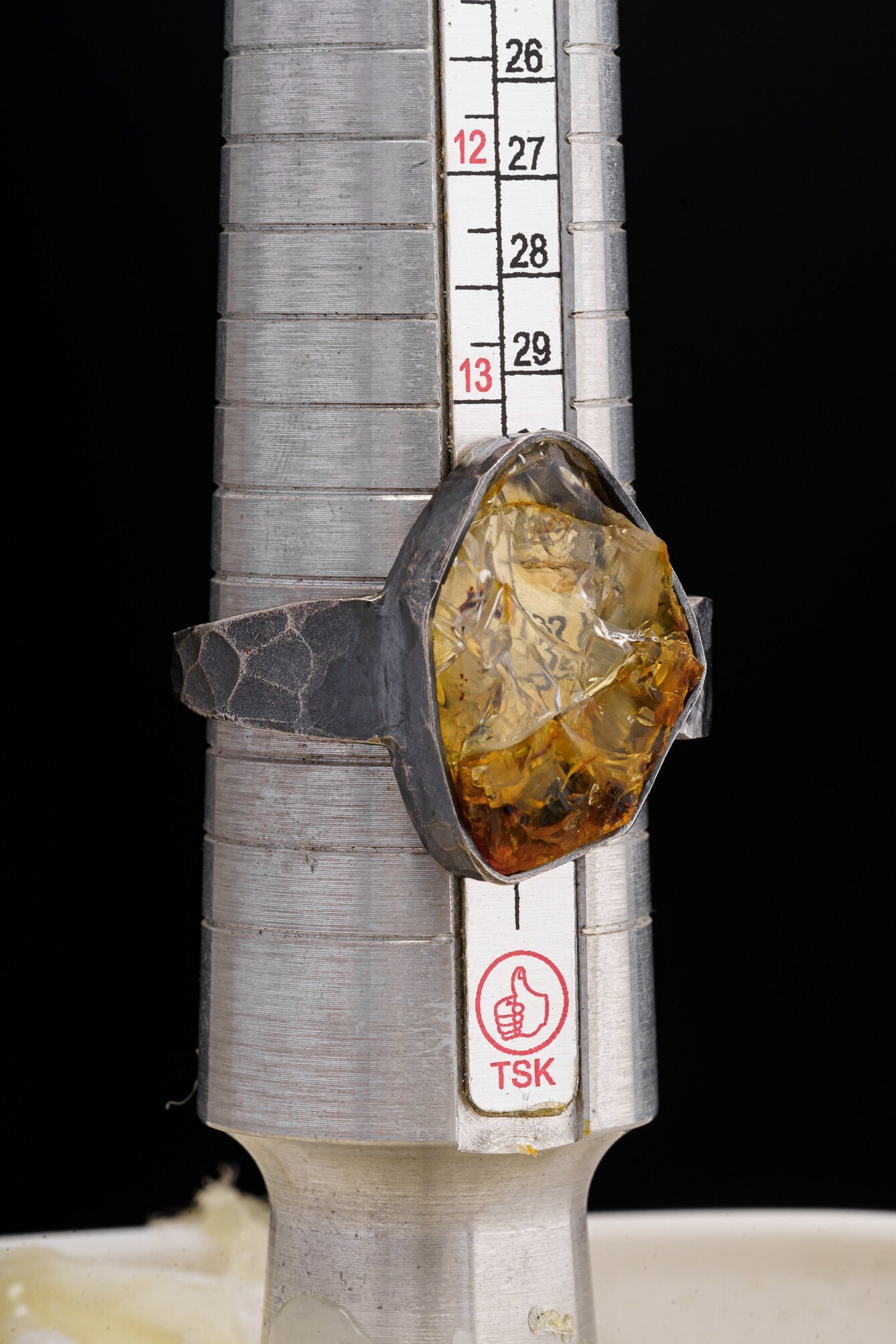 Raw Citrine Quartz Chunk - Men's/Unisex Large Crystal Ring - Size 14 US - 925 Sterling Silver - Hammer Textured & Oxidised