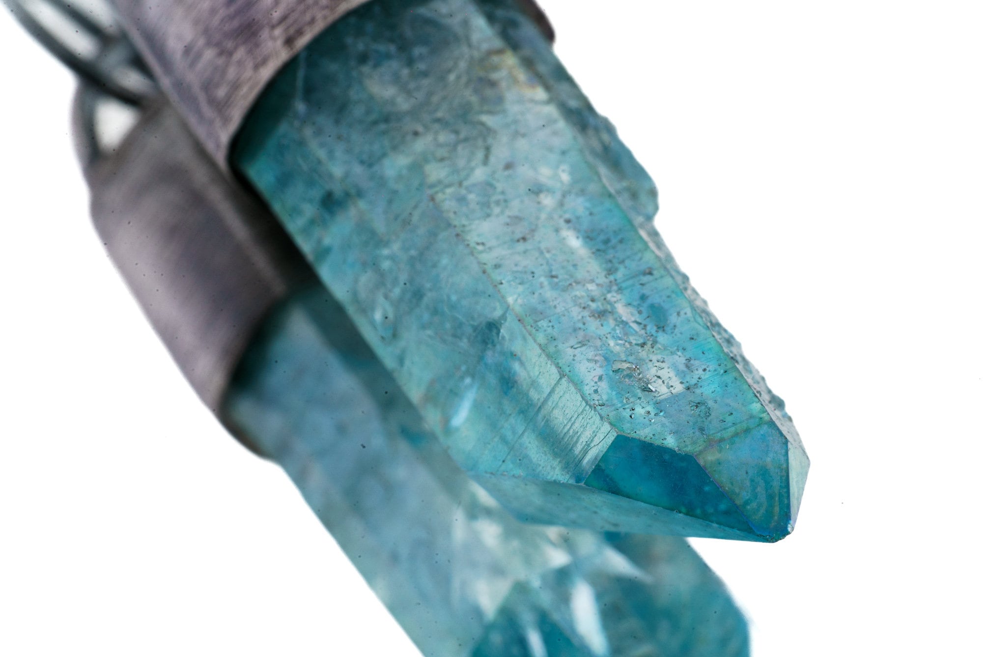 Aqua Aura Quartz Finger Point - Strong / Industrial look - Oxidised Sterling Silver Brushed - Crystal Pendant Neckpiece - NO. 10
