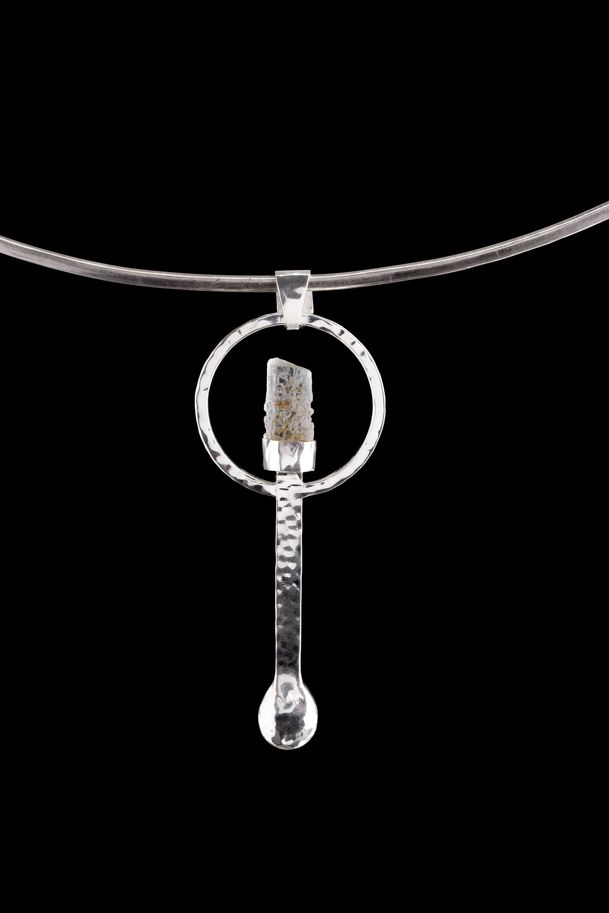 Small Spice / Ceremonial Spoon - Raw Himalayan Aquamarine - Solid 925 Cast Silver - Unique Hammer Textured - Crystal Pendant Necklace -