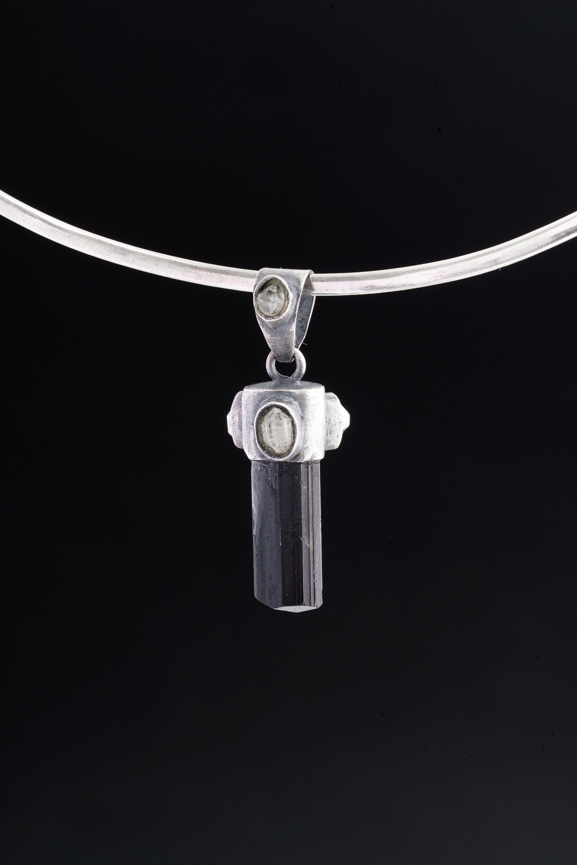 Raw Black Tourmaline & 4 Herkimer Diamond - THE LIGHT HOUSE - Sterling Silver - Oxidised and Textured - Crystal Pendant