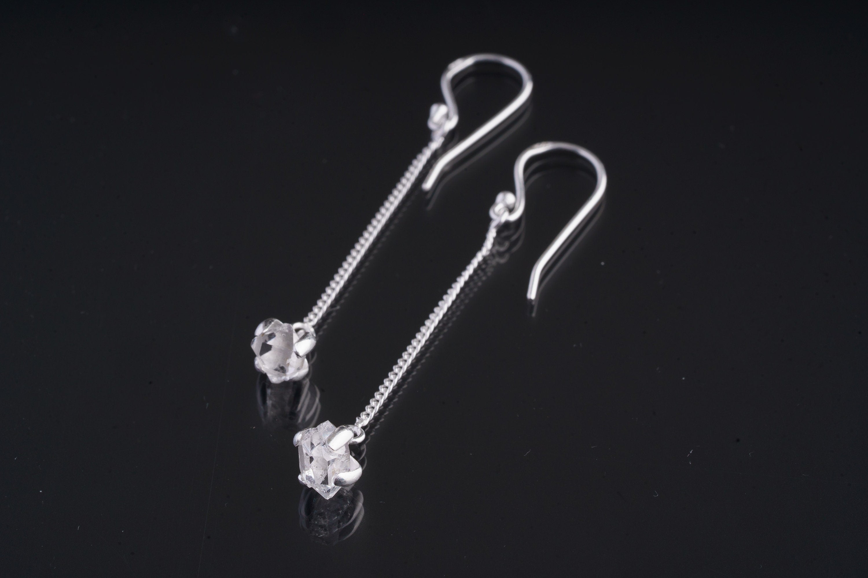 Perfectly Formed Double Terminated Herkimer Diamond Quartz - Sterling Silver - Claw / Prong Set - Dangle Hook Crystal Earring