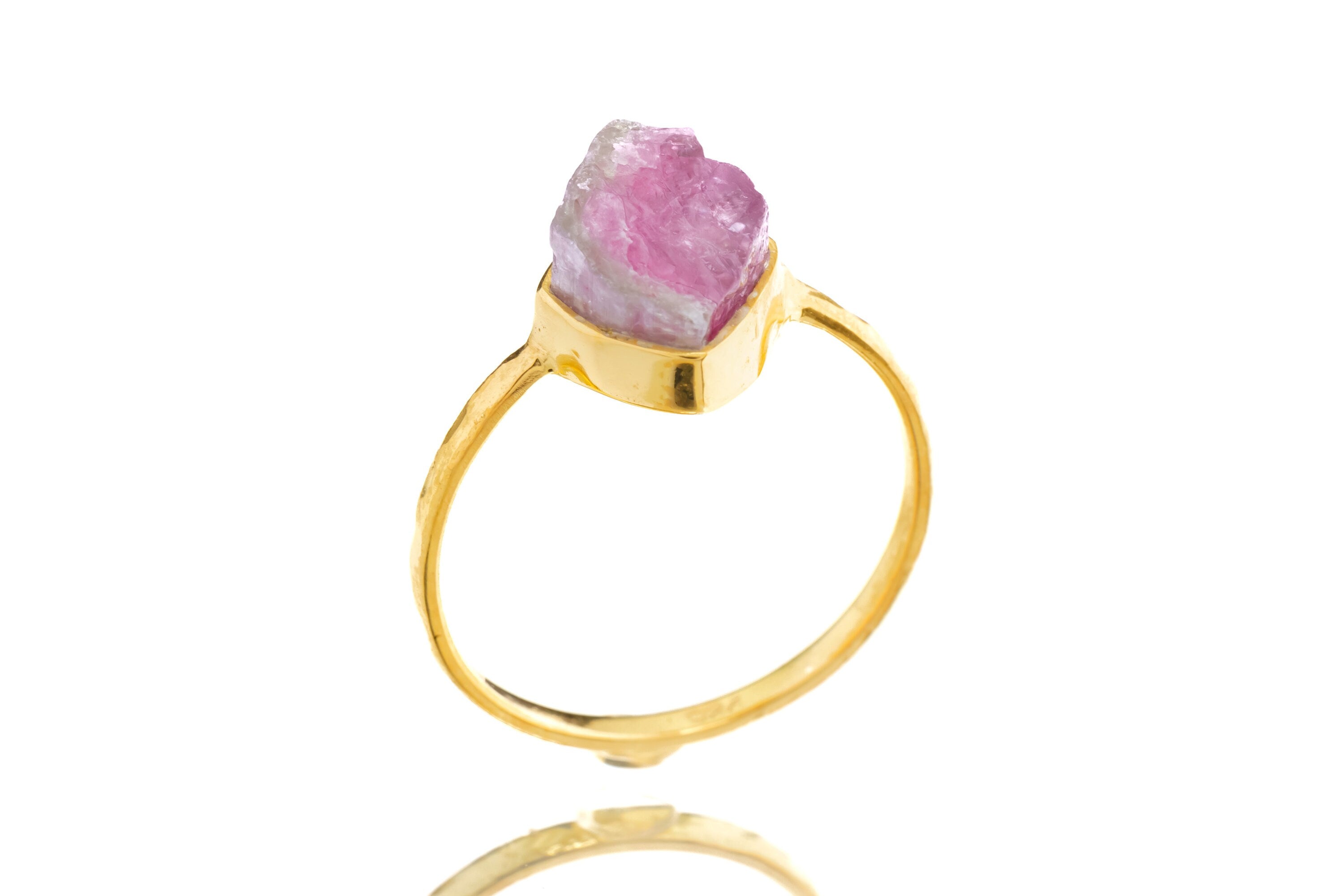 Mostly Pink Watermelon Tourmaline - Size 6 US - Gold Plated 925 Sterling Silver - Thin Band Hammer Textured