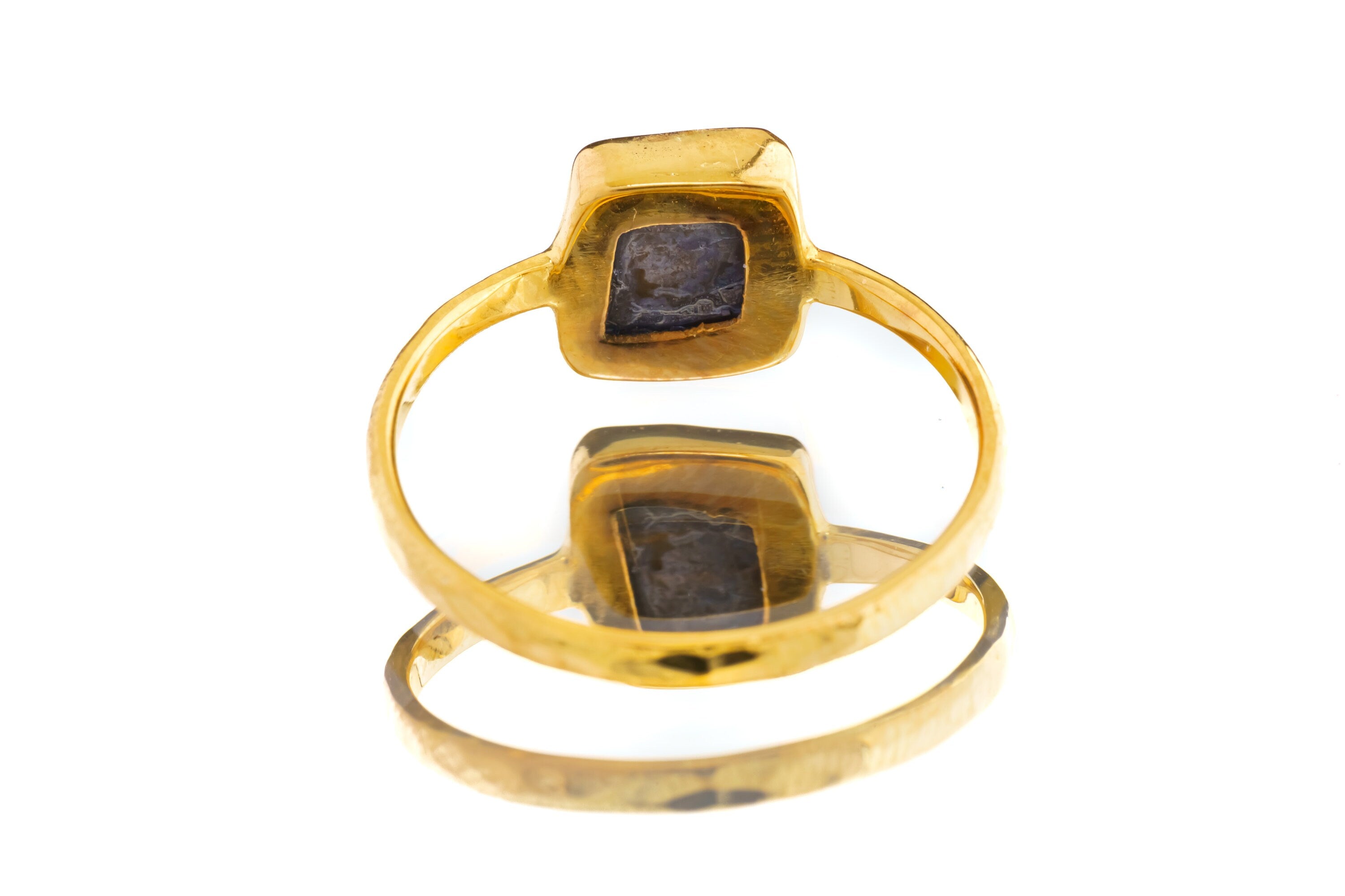 Gold Kissed Australian Cubic Pyrite - Stack Crystal Ring - Size 6 US - Gold Plated 925 Sterling Silver - Thin Band Hammer Textured