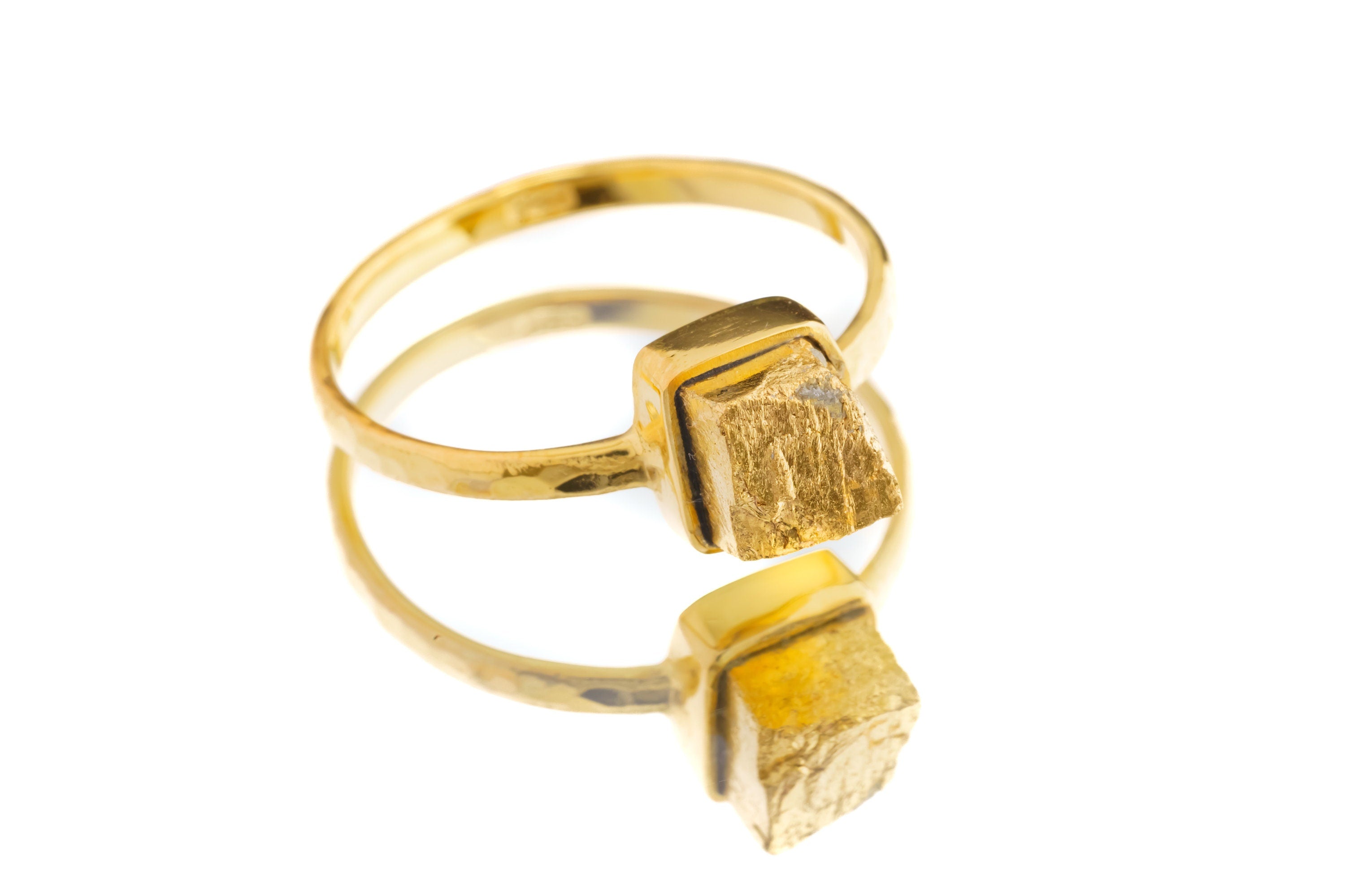 Gold Coated Australian Cubic Pyrite - Stack Crystal Ring - Size 6 US - Gold Plated 925 Sterling Silver - Thin Band Hammer Textured