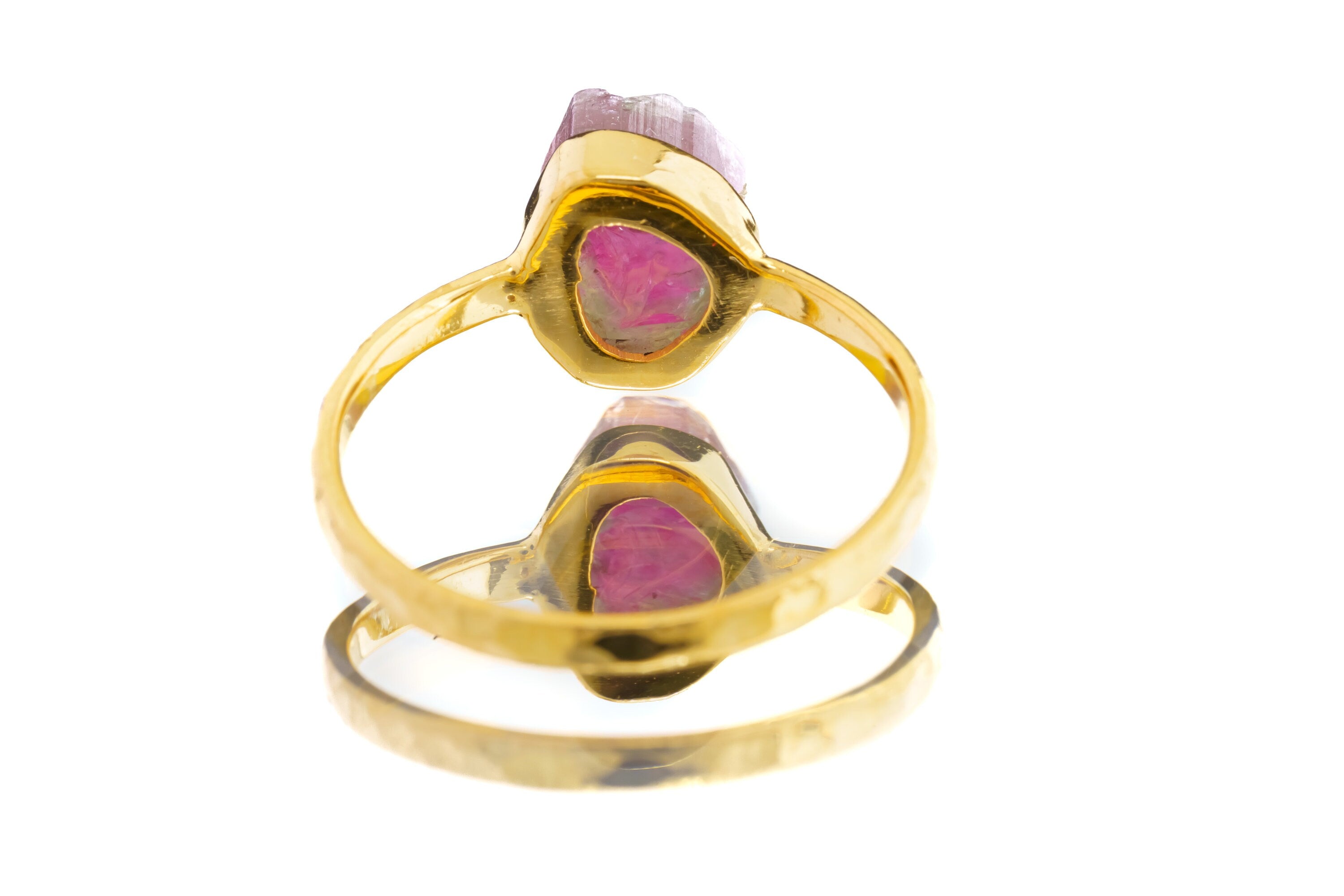 Mostly Pink Watermelon Tourmaline - Size 5 1/2 US - Gold Plated 925 Sterling Silver - Thin Band Hammer Textured