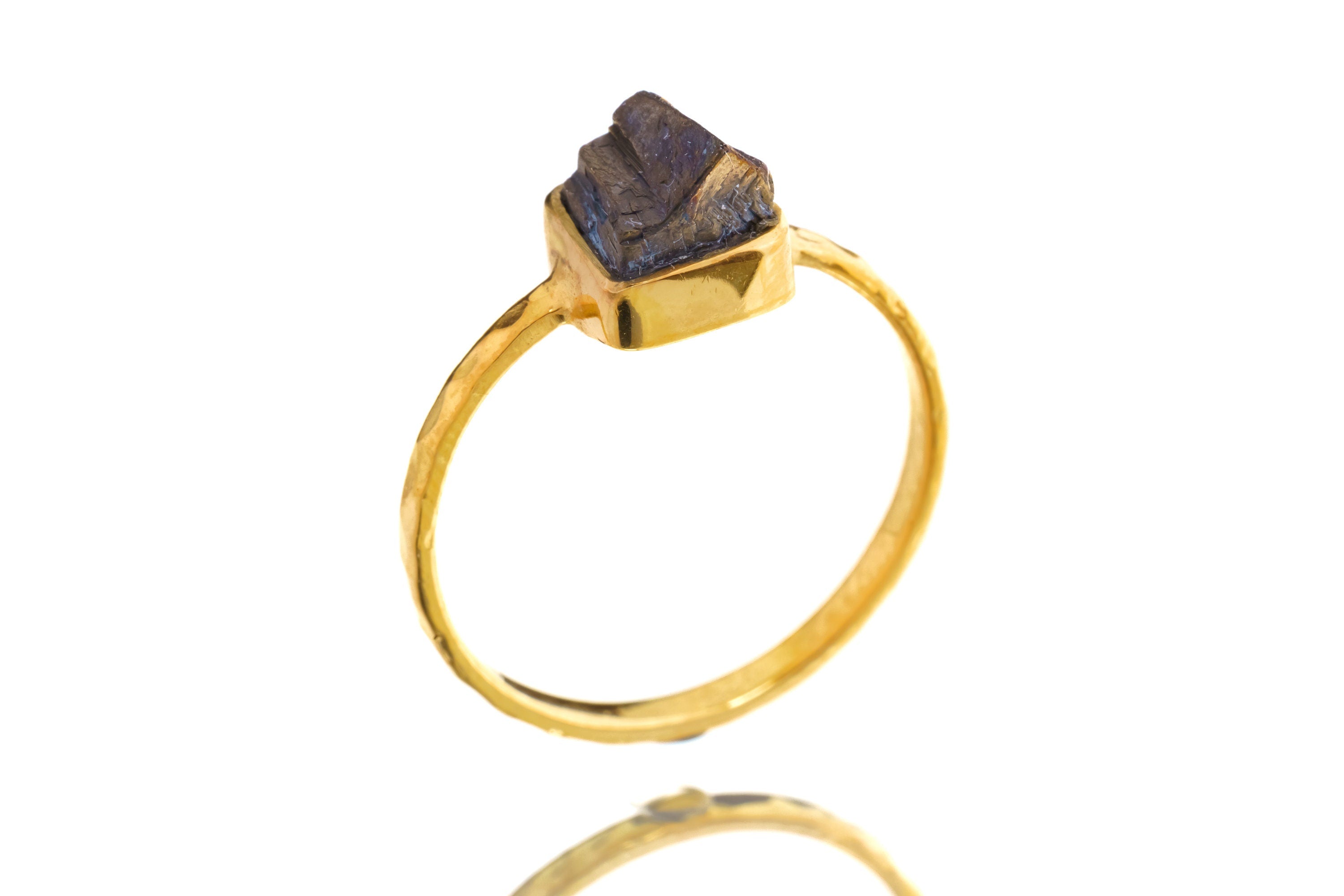 Gold Kissed Australian Cubic Pyrite - Stack Crystal Ring - Size 5 1/2 US - Gold Plated 925 Sterling Silver - Thin Band Hammer Textured
