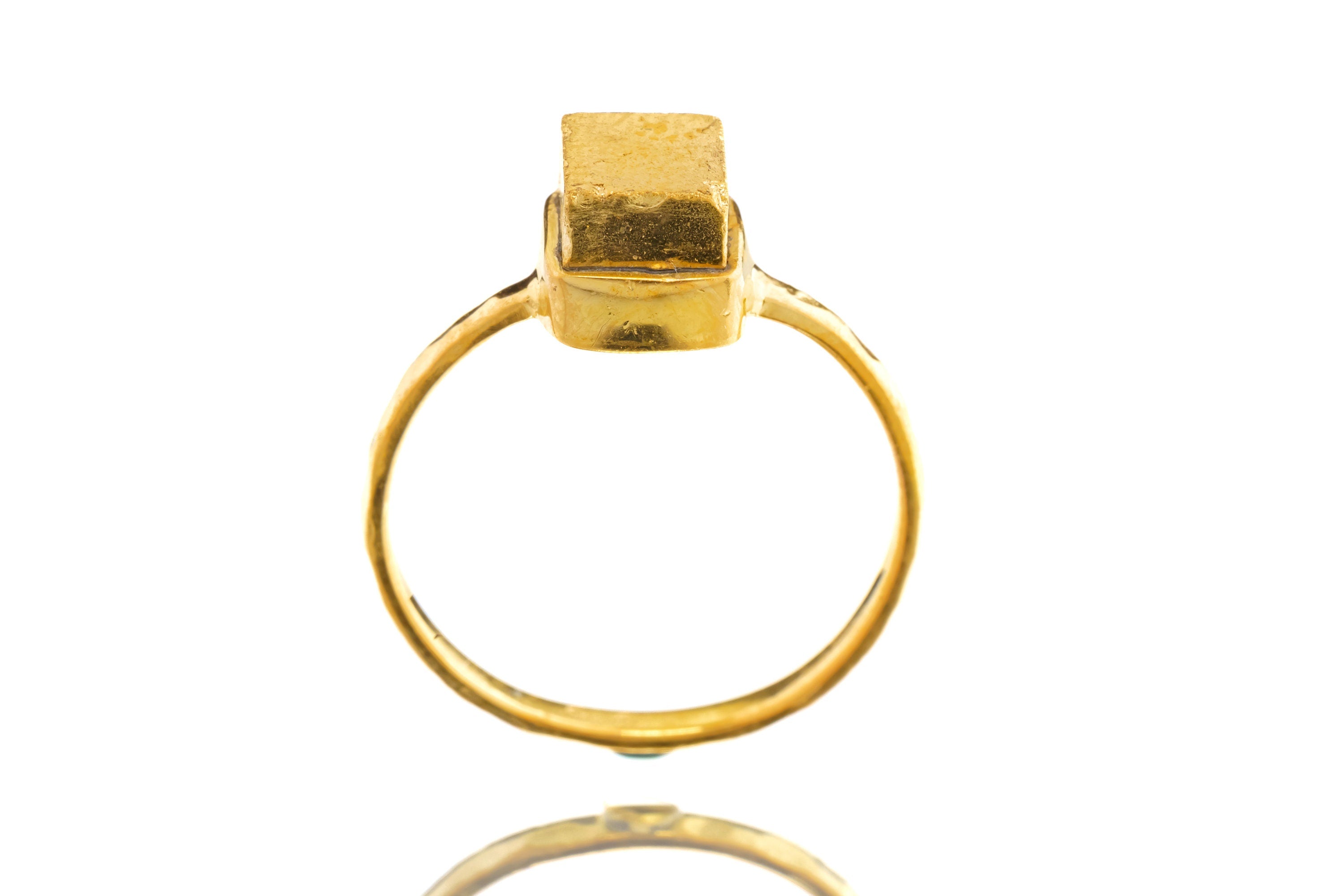 Gold Coated Australian Cubic Pyrite - Stack Crystal Ring - Size 5 1/2 US - Gold Plated 925 Sterling Silver - Thin Band Hammer Textured