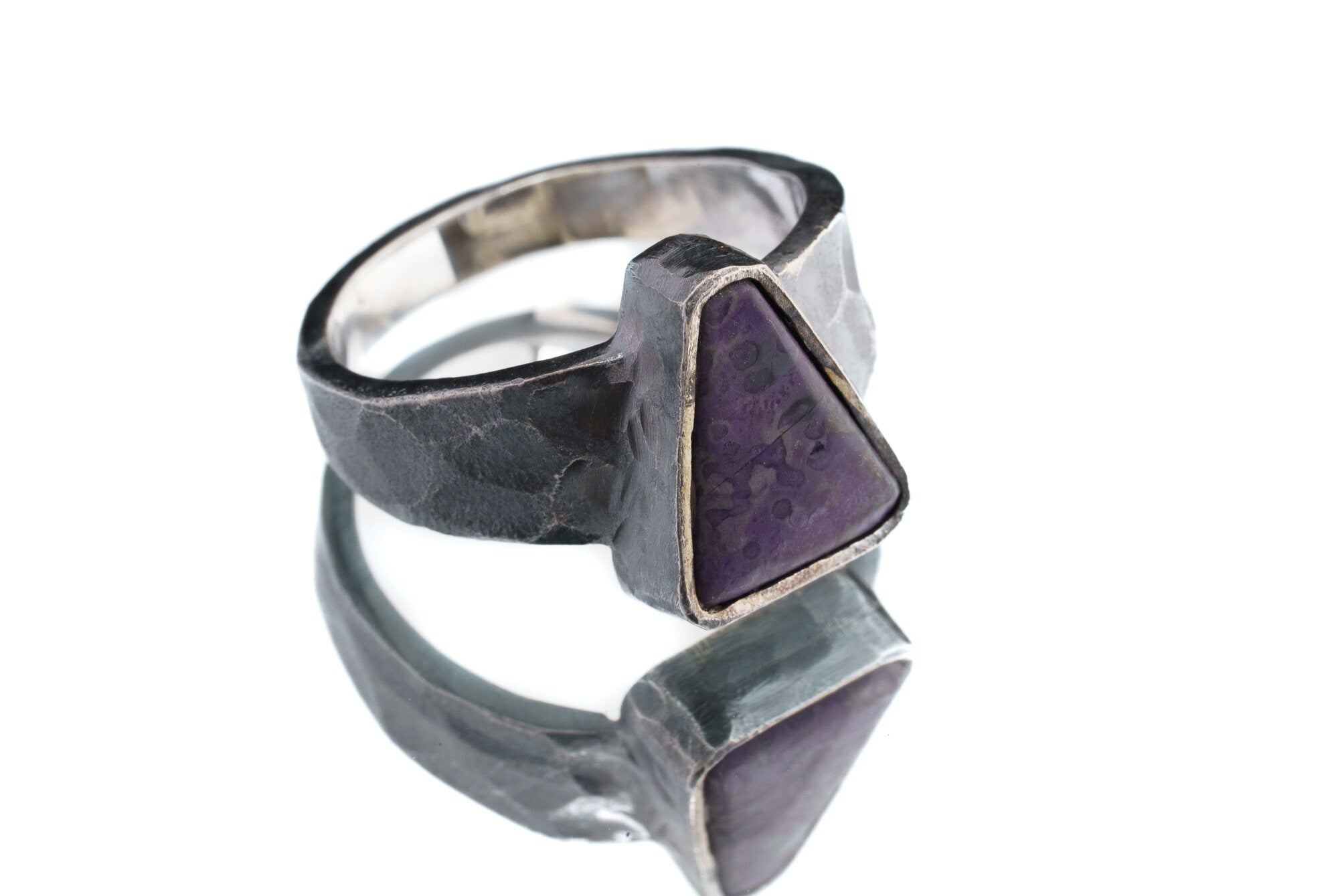 Triangular AAA Sugilite Cabochon - Men's / Unisex Large Crystal Ring - Size 7 1/2 US - 925 Sterling Silver - Hammer Textured & Oxidised