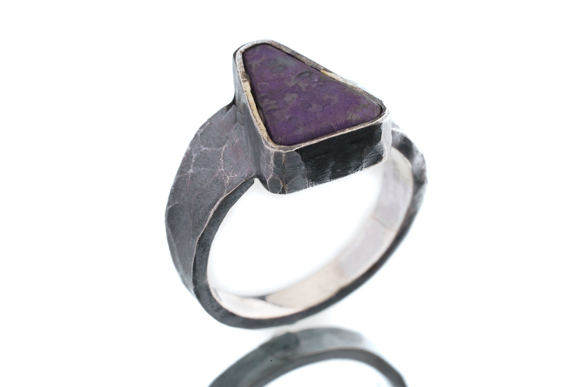 Triangular AAA Sugilite Cabochon - Men's / Unisex Large Crystal Ring - Size 7 1/2 US - 925 Sterling Silver - Hammer Textured & Oxidised