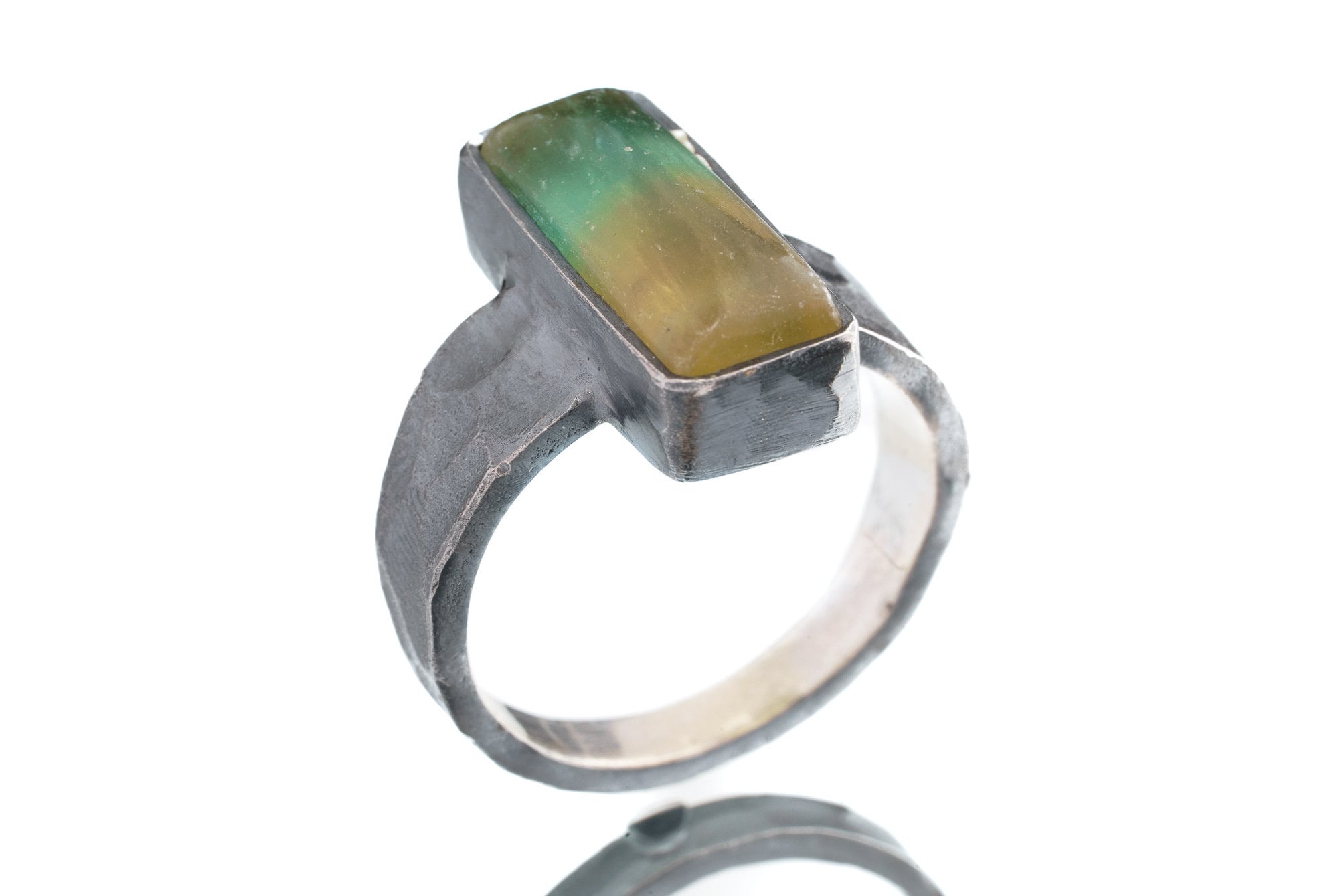 Bicolour Fluorite Cabochon - Men's / Unisex Large Crystal Ring - Size 8 1/2 US - 925 Sterling Silver - Hammer Textured & Oxidised