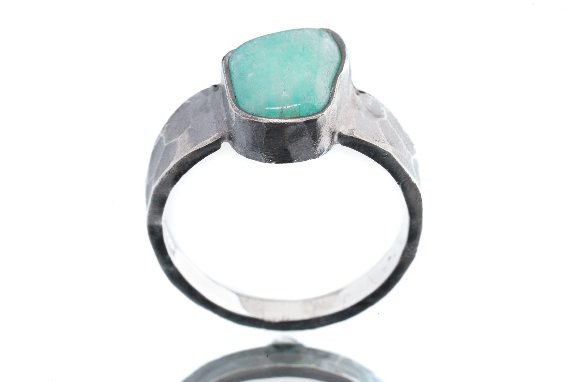 Gem Grade freeform Amazonite - Men's/Unisex Large Crystal Ring - Size 11 3/4 US - 925 Sterling Silver - Hammer Textured & Oxidised