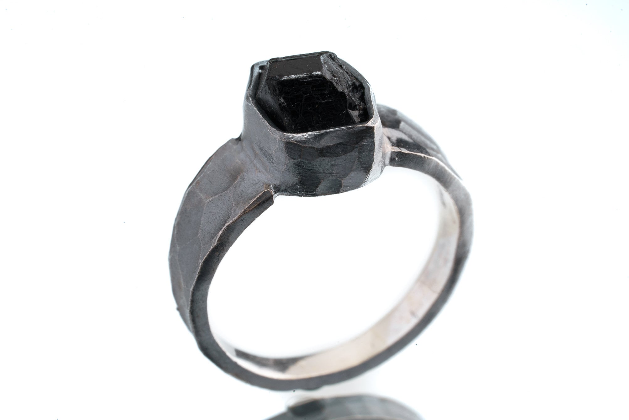 Raw Australian Tourmaline - Unisex / Men - Large Crystal Ring - Size 10 1/2 US - 925 Sterling Silver - Hammer Textured & Oxidised