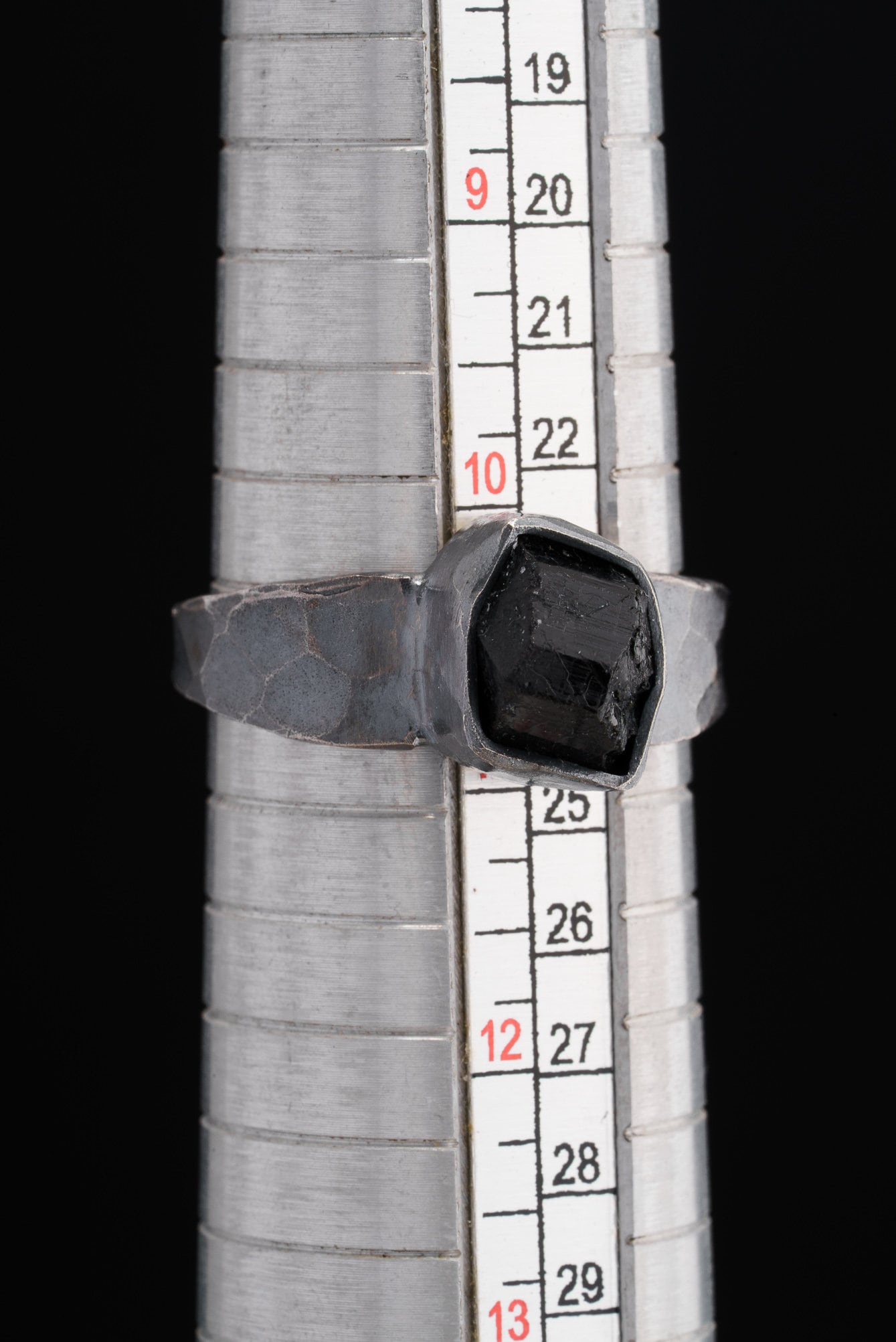 Raw Australian Tourmaline - Unisex / Men - Large Crystal Ring - Size 10 1/2 US - 925 Sterling Silver - Hammer Textured & Oxidised
