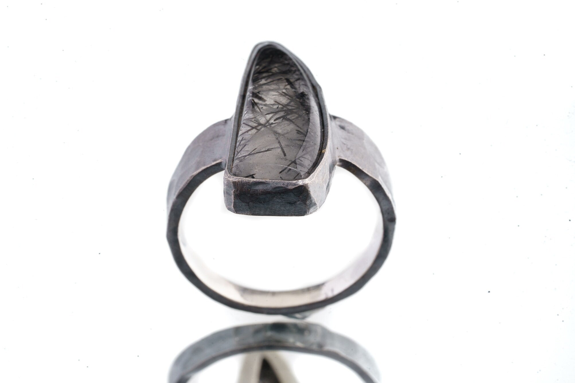 Tooth Black Rutile Quartz Cabochon - Men's / Unisex Large Crystal Ring - Size 12 US - 925 Sterling Silver - Hammer Textured & Oxidised