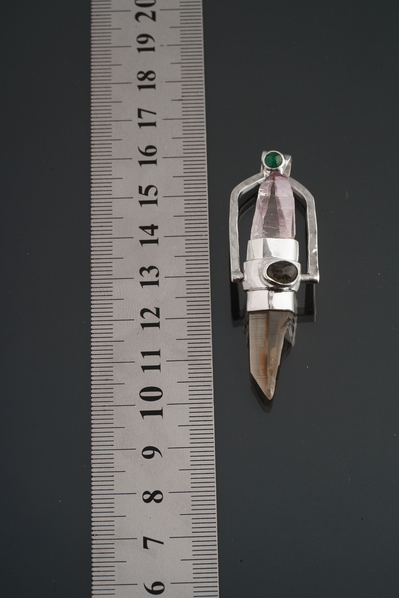 Citrine & Vera cruz Lemurian Point dressed with a Emerald, Labradorite and Ethiopian Opal - Sterling Silver Set - Spinning Crystal Pendant