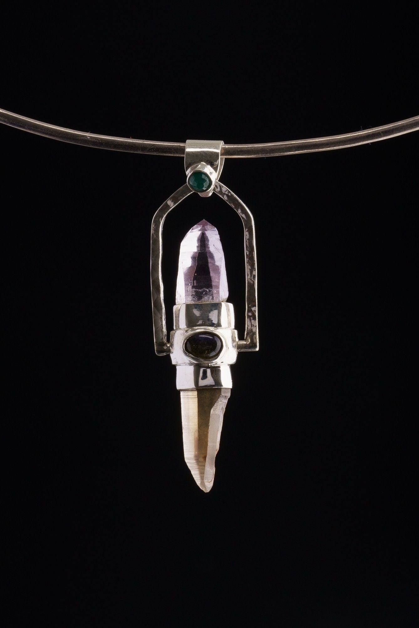 Citrine & Vera cruz Lemurian Point dressed with a Emerald, Labradorite and Ethiopian Opal - Sterling Silver Set - Spinning Crystal Pendant