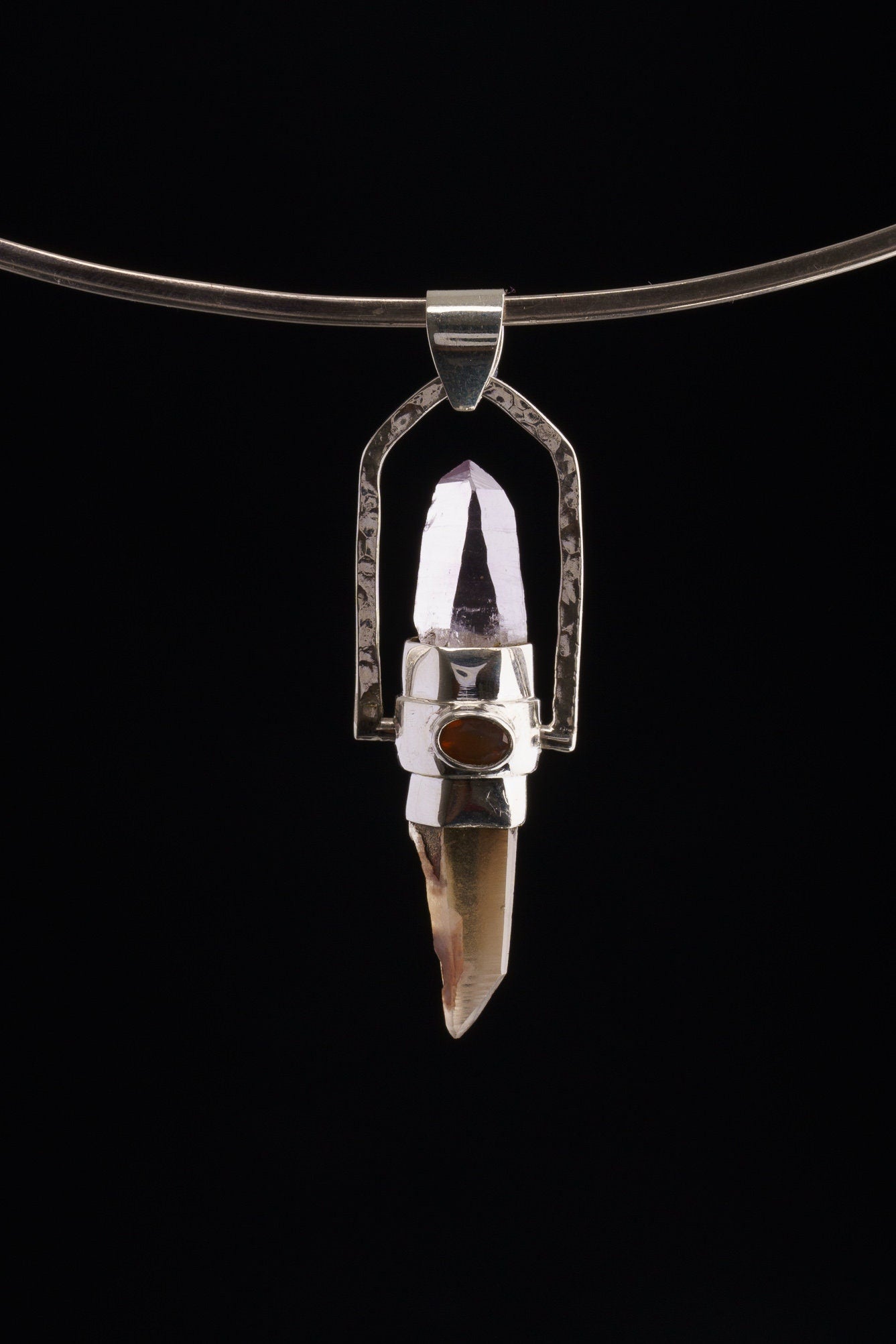 Citrine & Vera cruz Lemurian Point dressed with a Emerald, Labradorite and Ethiopian Opal - Sterling Silver Set - Spinning Crystal Pendant