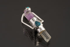Raw Aquamarine & Generator Amethyst Point with a Turquoise, Labradorite and Apatite - Sterling Silver Set - Spinning Crystal Pendant