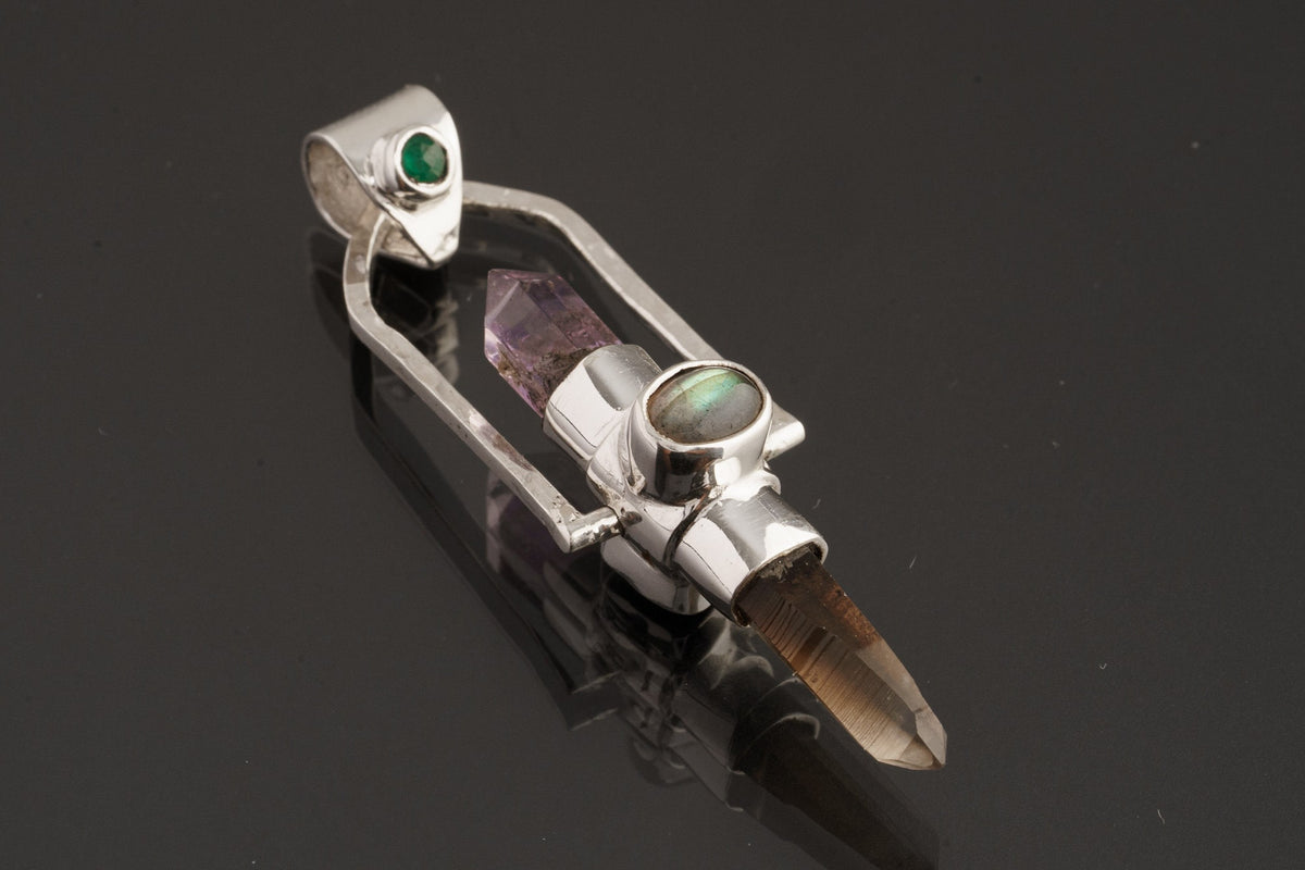 Lemurian Citrine & Generator Amethyst Point dressed with a Emerald, Labradorite and Apatite - Sterling Silver Set - Spinning Crystal Pendant