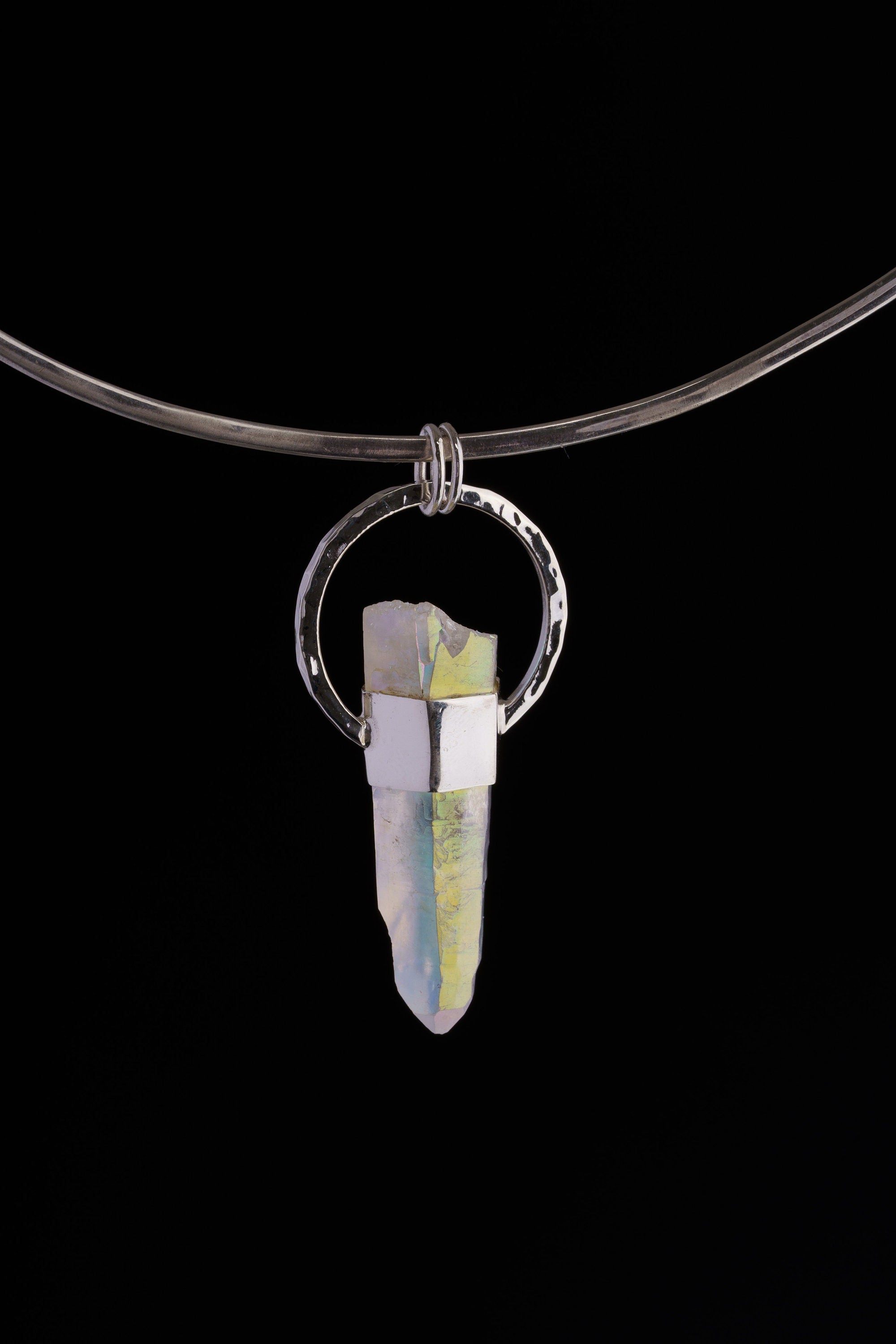 Large Opal / Angel Aura Lemurian Laser Quartz Point - Halo Wrap Setting - Polished Sterling Silver - Crystal Pendant Neckpiece - NO. 6