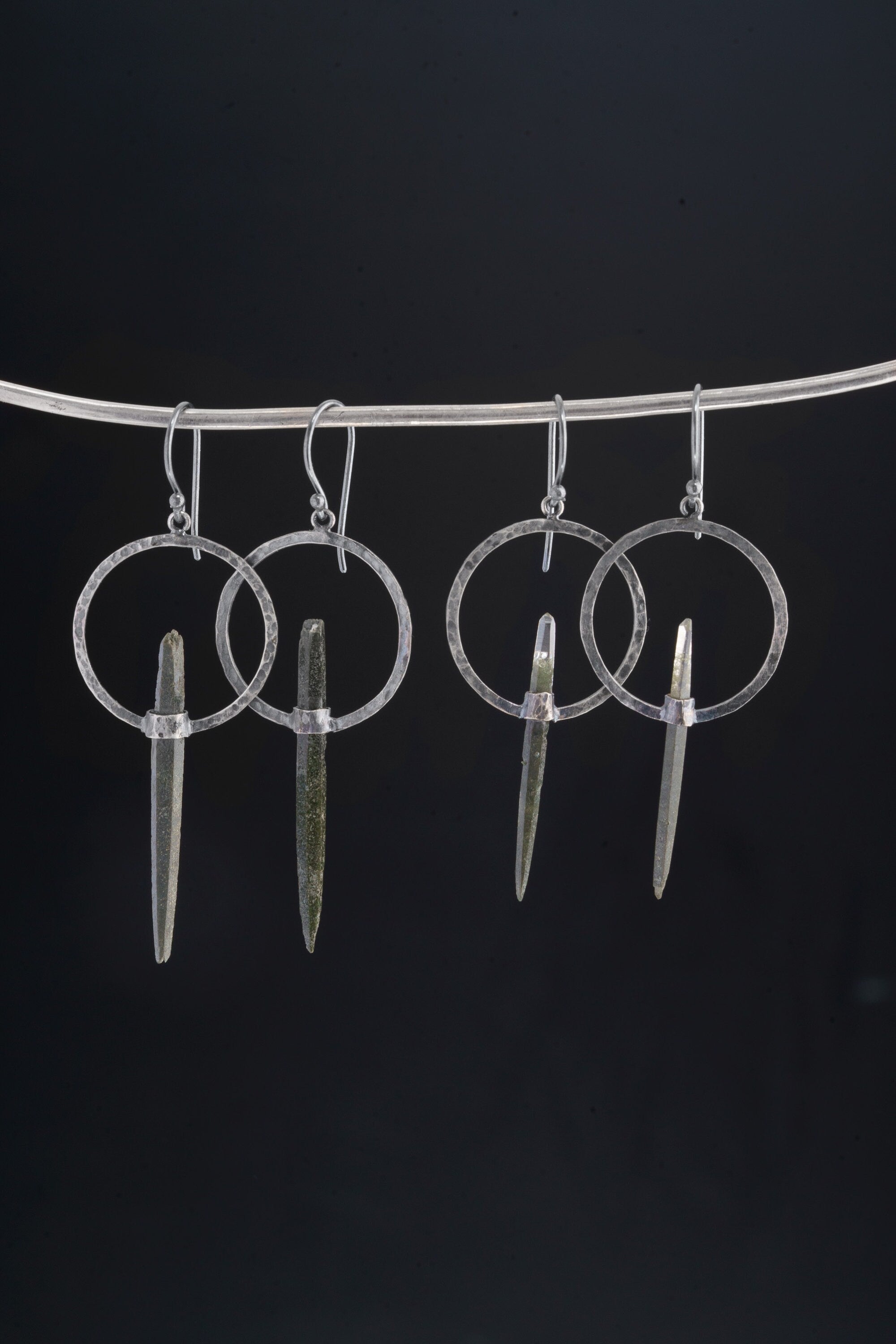Himalayan Double Terminated Chlorite Phantom Quartz - Circle portal Setting - Oxidised & Textured - Sterling Silver - Hook Dangle Earrings