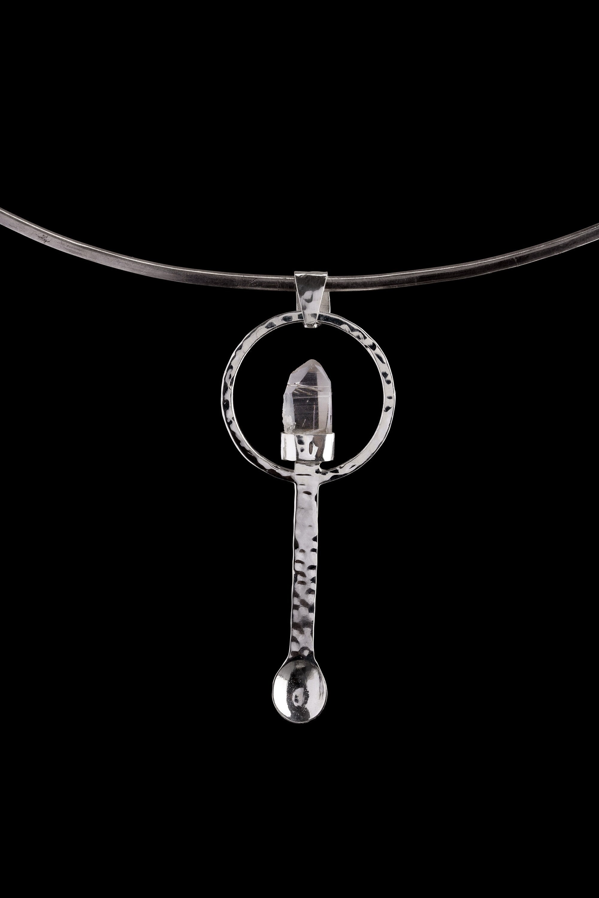 Spice / Ceremonial Spoon - Natural Himalayan rutile Quartz Point - 925 Cast Silver - Unique Hammer Textured - Crystal Pendant Necklace -