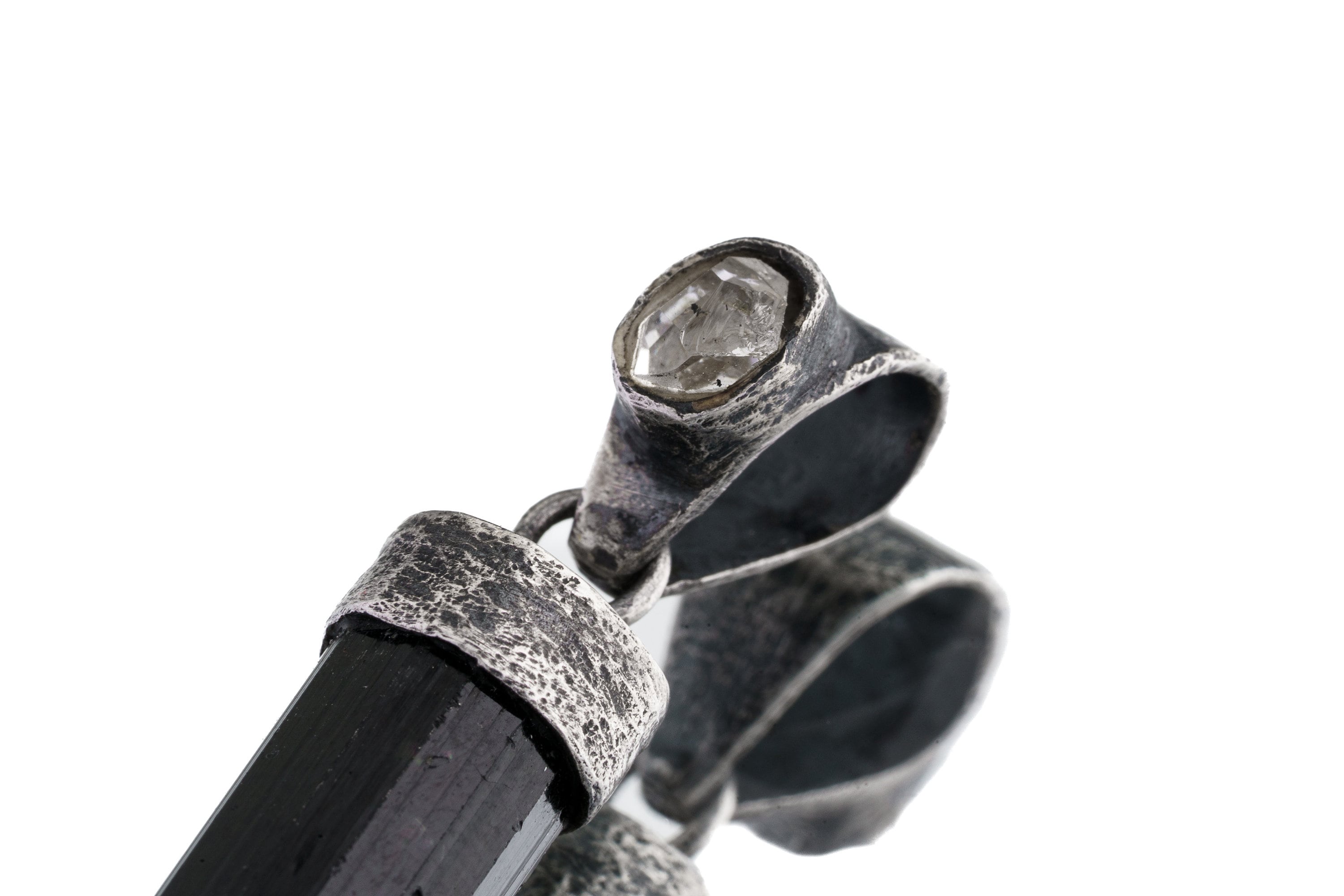 Moldavite, Black Tourmaline & Herkimer Diamond - POWER HOUSE - Sterling Silver - Oxidised and Textured - Crystal Pendant
