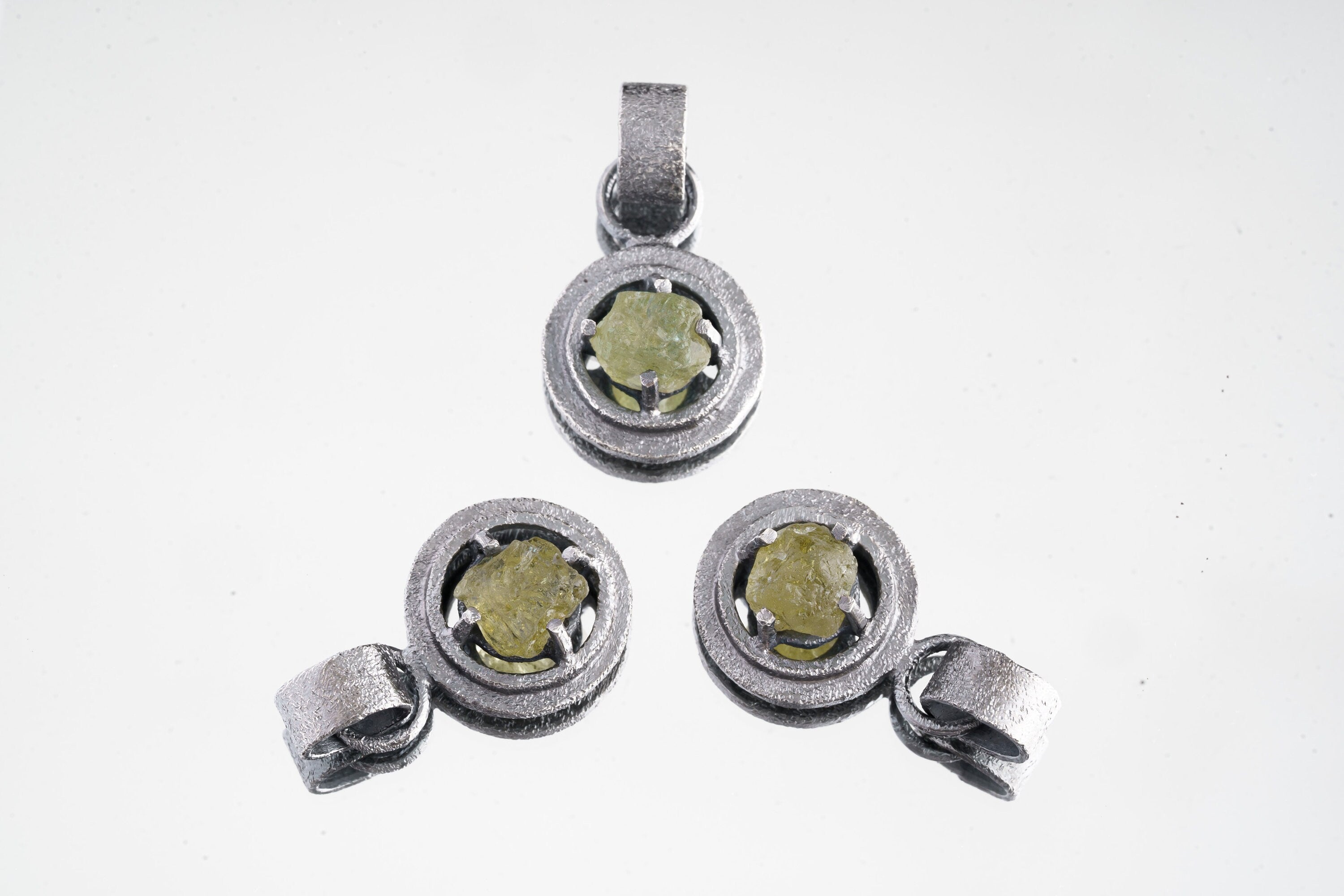 Raw AAA Grade Peridot - Oxidised Sterling Silver - Strong Framed Claw Wire Setting - Sand Textured - Pendant Crystal Necklace