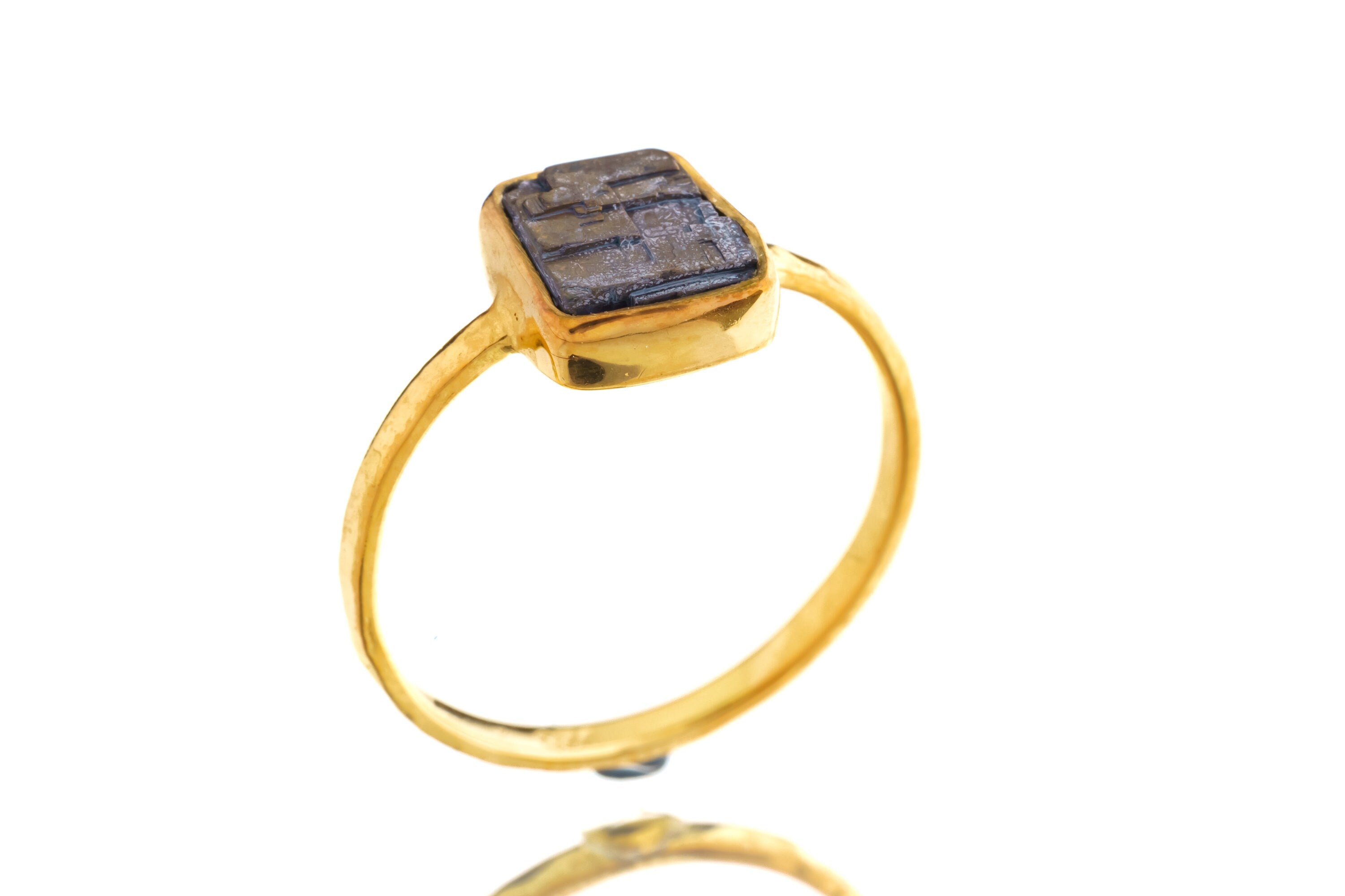 Gold Kissed Australian Cubic Pyrite - Stack Crystal Ring - Size 6 US - Gold Plated 925 Sterling Silver - Thin Band Hammer Textured