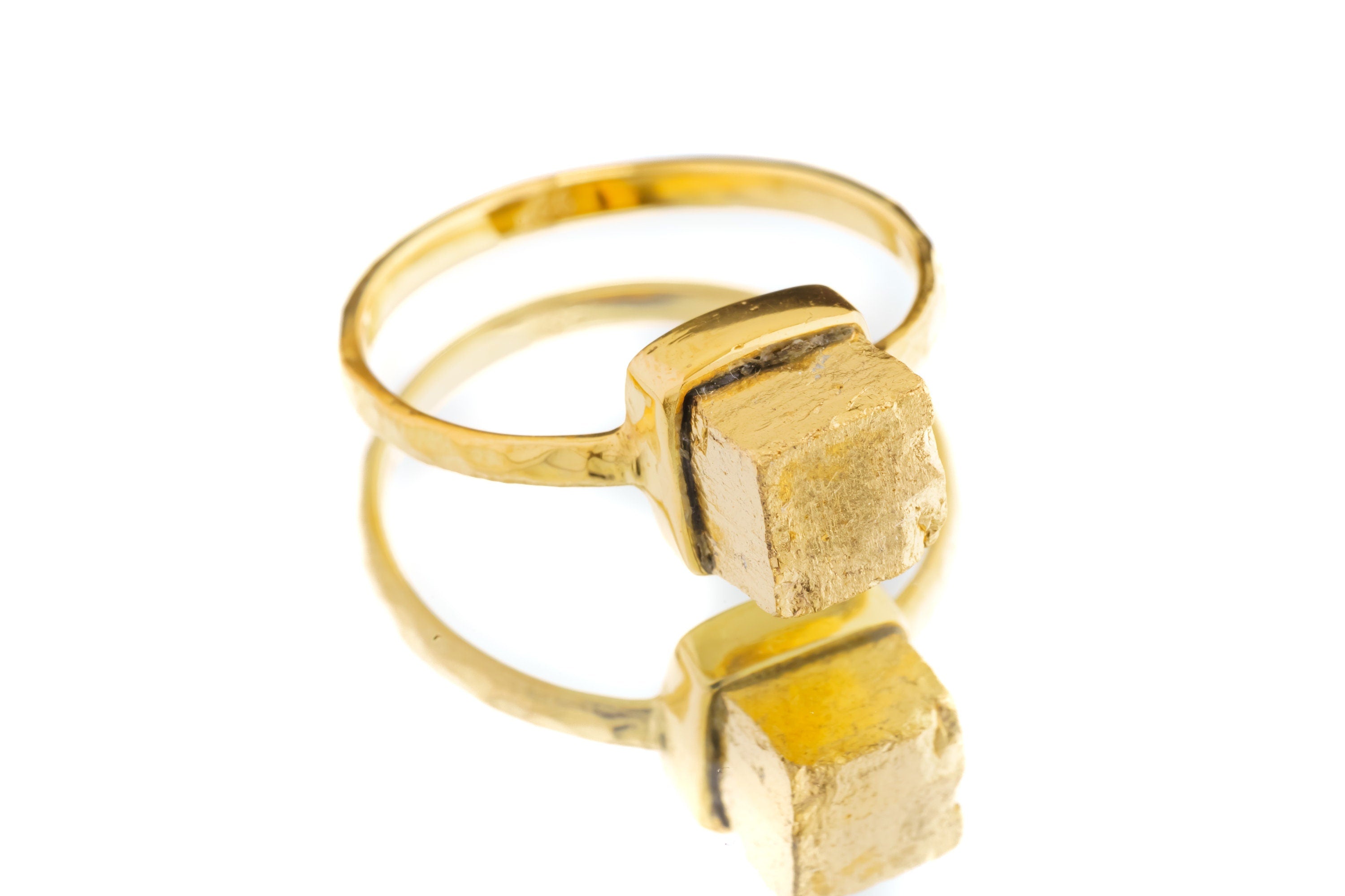 Gold Coated Australian Cubic Pyrite - Stack Crystal Ring - Size 6 1/2 US - Gold Plated 925 Sterling Silver - Thin Band Hammer Textured