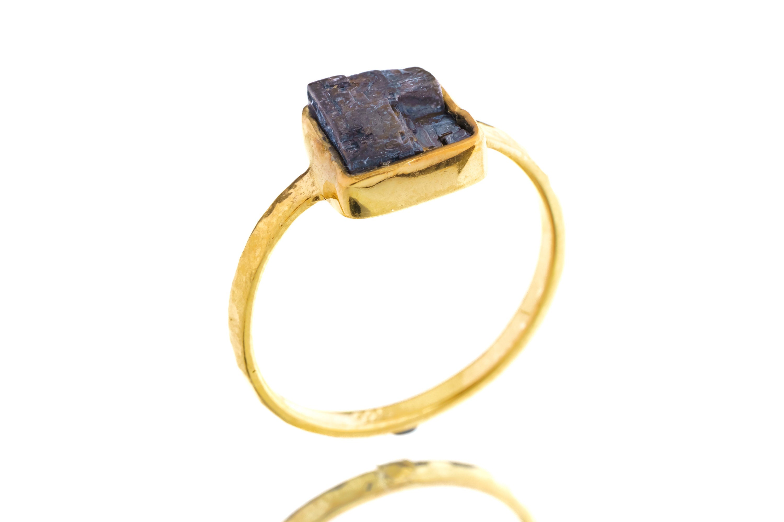 Gold Kissed Australian Cubic Pyrite - Stack Crystal Ring - Size 5 1/2 US - Gold Plated 925 Sterling Silver - Thin Band Hammer Textured