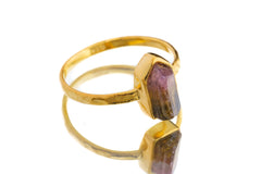 Terminated Watermelon Tourmaline - Size 5 1/2 US - Gold Plated 925 Sterling Silver - Thin Band Hammer Textured