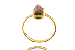 Terminated Watermelon Tourmaline - Size 5 1/2 US - Gold Plated 925 Sterling Silver - Thin Band Hammer Textured