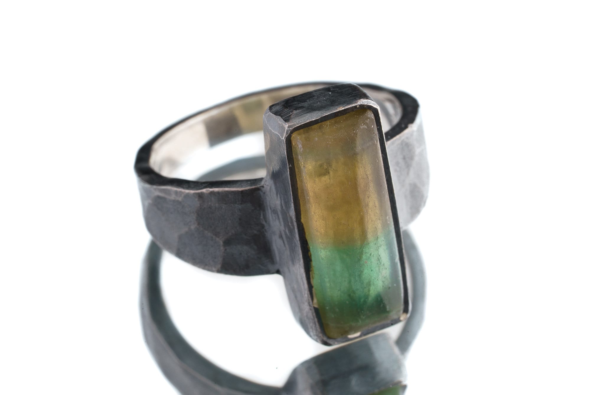 Bicolour Fluorite Cabochon - Men's / Unisex Large Crystal Ring - Size 8 1/2 US - 925 Sterling Silver - Hammer Textured & Oxidised