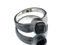 Raw Australian Tourmaline - Unisex / Men - Large Crystal Ring - Size 10 1/2 US - 925 Sterling Silver - Hammer Textured & Oxidised