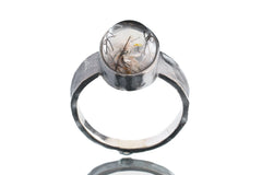 Oval Black Rutile Quartz Cabochon - Men's / Unisex Large Crystal Ring - Size 11 1/2 US - 925 Sterling Silver - Hammer Textured & Oxidised