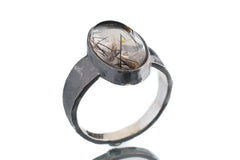 Oval Black Rutile Quartz Cabochon - Men's / Unisex Large Crystal Ring - Size 11 1/2 US - 925 Sterling Silver - Hammer Textured & Oxidised