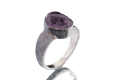Raw Clean Amethyst Chunk - Men's/Unisex Large Crystal Ring - Size 12 US - 925 Sterling Silver - Hammer Textured & Oxidised