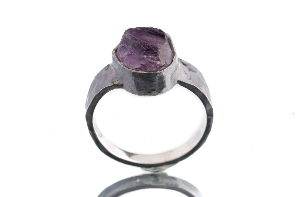 Raw Clean Amethyst Chunk - Men's/Unisex Large Crystal Ring - Size 12 US - 925 Sterling Silver - Hammer Textured & Oxidised