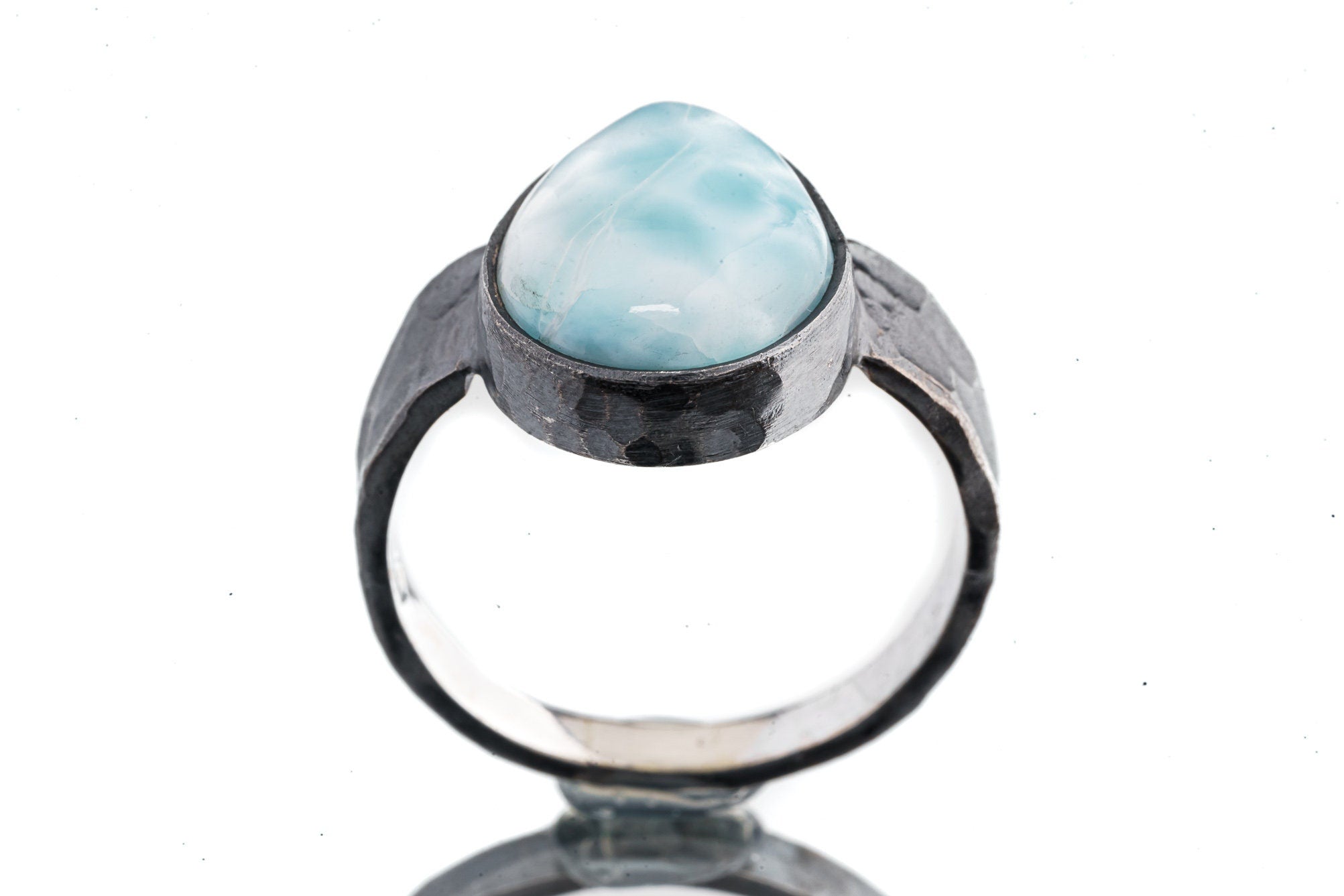Tear Drop Larimar Cabochon - Men's/Unisex Large Crystal Ring - Size 12 US - 925 Sterling Silver - Hammer Textured & Oxidised