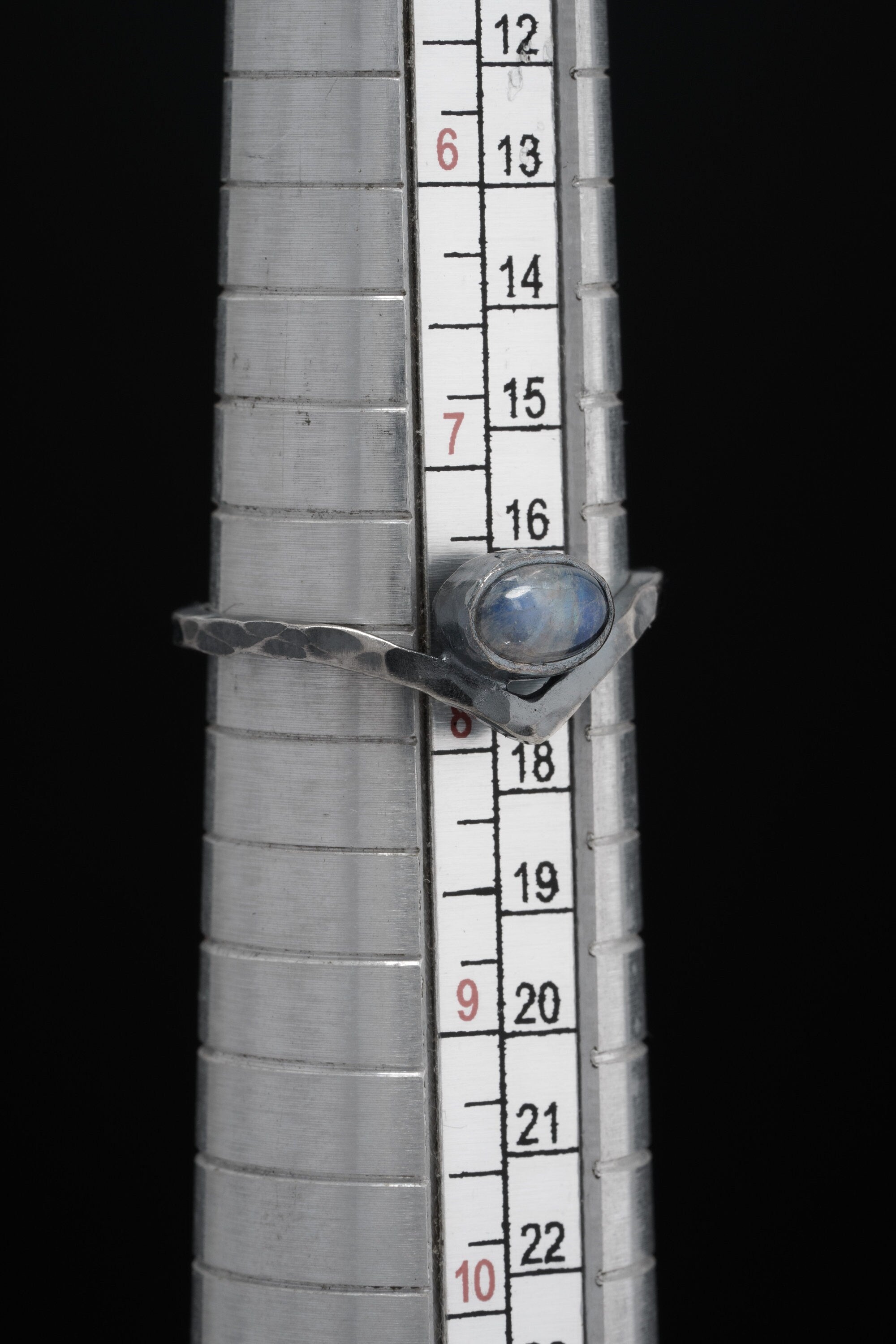 Blue Oval Moonstone Ring - Rustic Boho Stack Ring - Hammered Oxidised Triangle Band - 925 Sterling Silver - Size 4.5 - 8 US