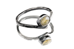 Golden Oval Rainbow Labradorite - Rustic Boho Stack Ring - Hammered Oxidised Triangle Band - 925 Sterling Silver - Size 4.5 - 8 US