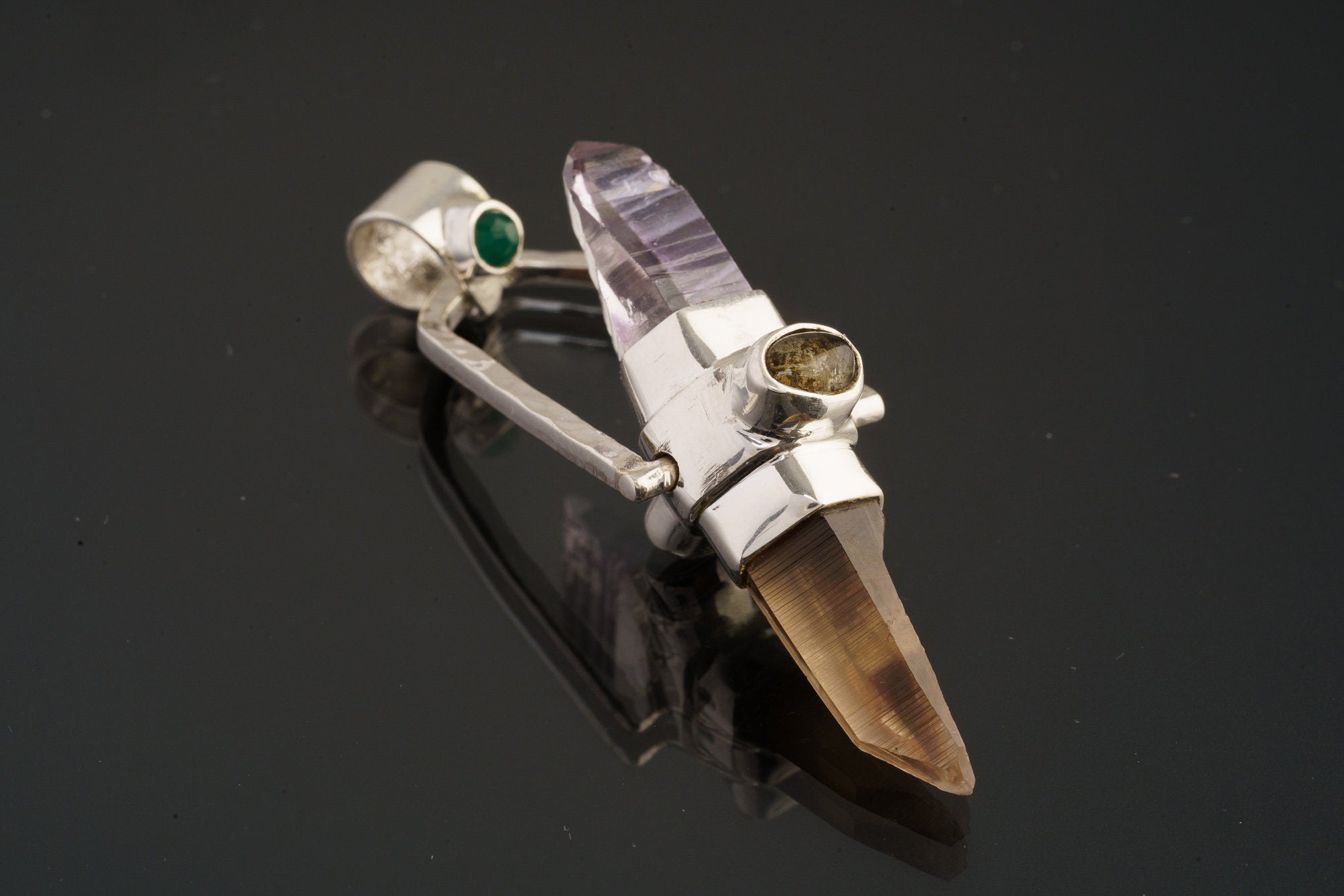 Citrine & Vera cruz Lemurian Point dressed with a Emerald, Labradorite and Ethiopian Opal - Sterling Silver Set - Spinning Crystal Pendant