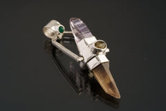 Citrine & Vera cruz Lemurian Point dressed with a Emerald, Labradorite and Ethiopian Opal - Sterling Silver Set - Spinning Crystal Pendant