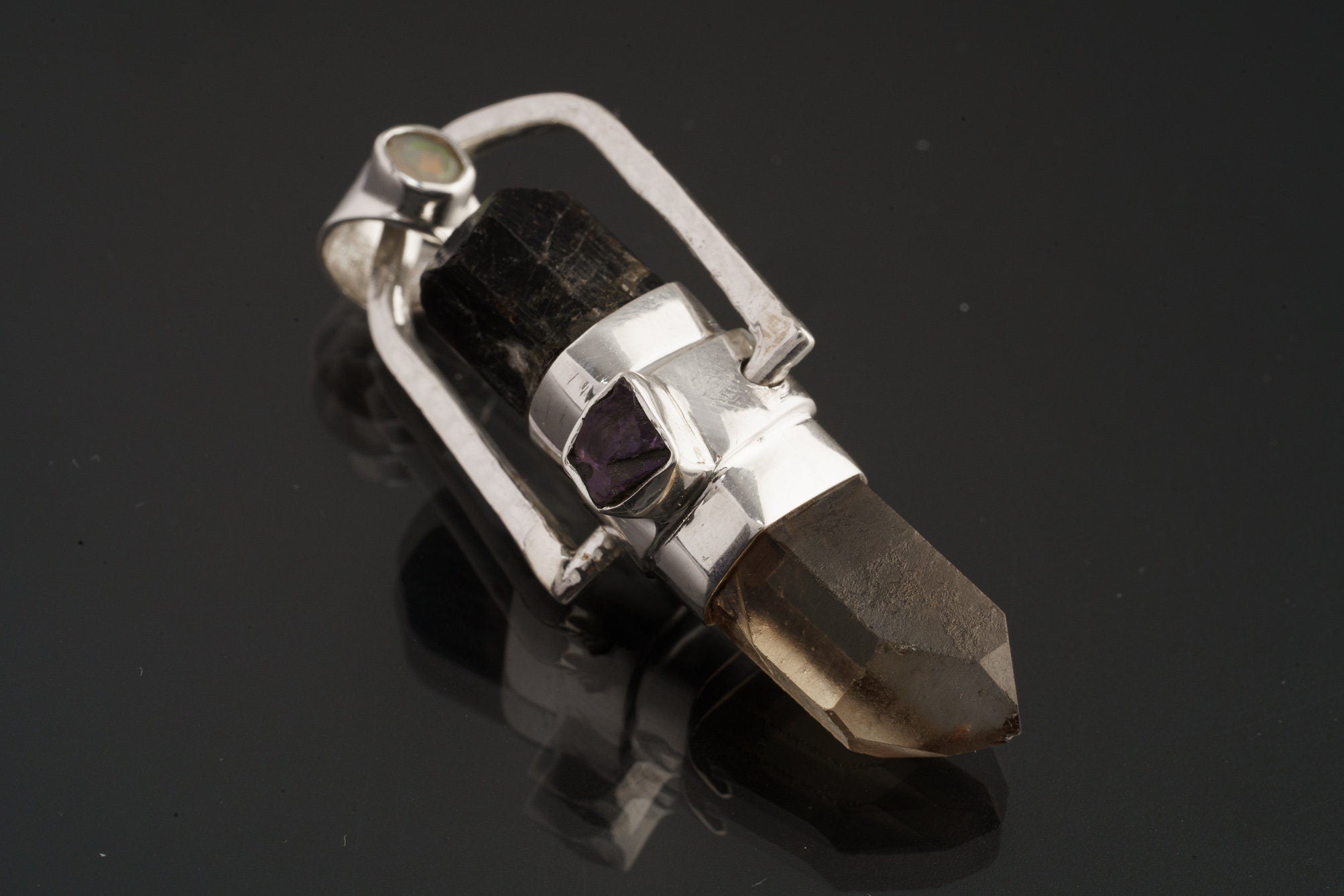 Terminated Black Tourmaline & Citirine dressed with a Ethiopian Opal, Labradorite, Amethyst - Sterling Silver Set - Spinning Crystal Pendant