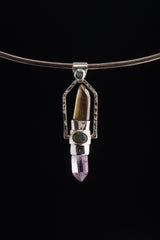 Citrine & Vera cruz Lemurian Point dressed with a Emerald, Labradorite and Ethiopian Opal - Sterling Silver Set - Spinning Crystal Pendant